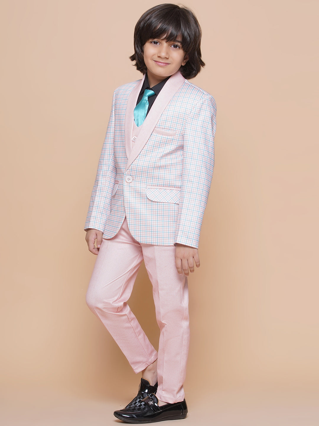 Boys Kids Check Light Peach Cotton Blend Suit Set - AJ Dezines