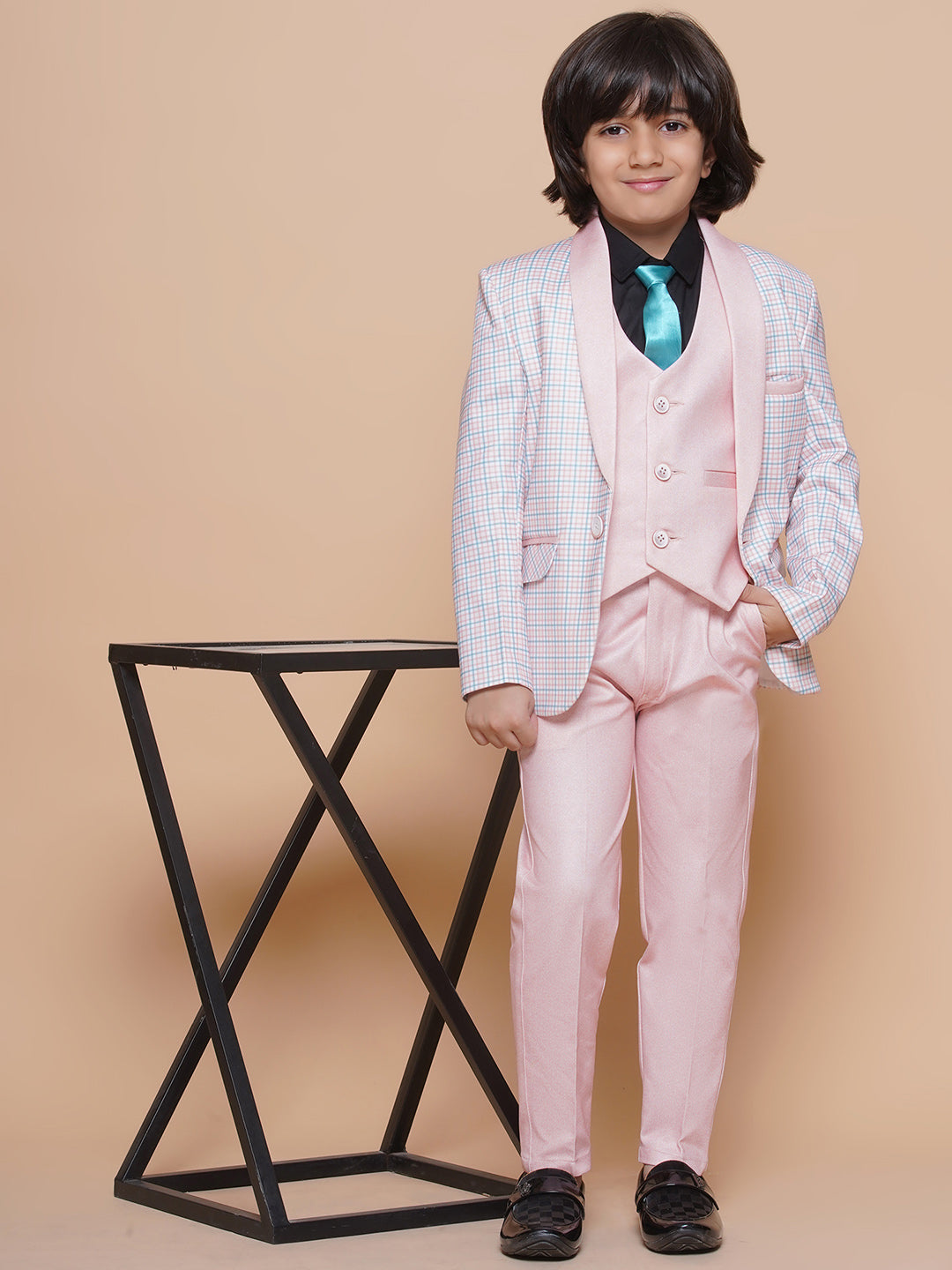 Boys Kids Check Light Peach Cotton Blend Suit Set - AJ Dezines