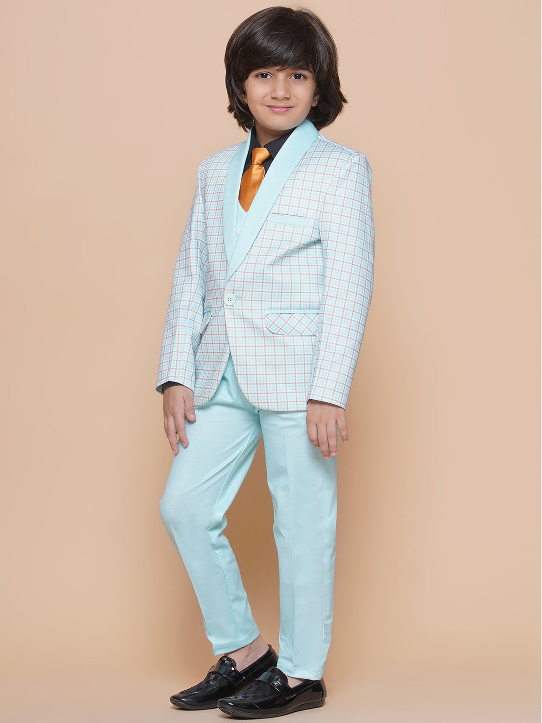 Boys Kids Check Sky Blue Cotton Blend Suit Set