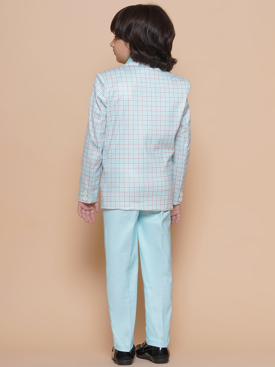 Boys Kids Check Sky Blue Cotton Blend Suit Set