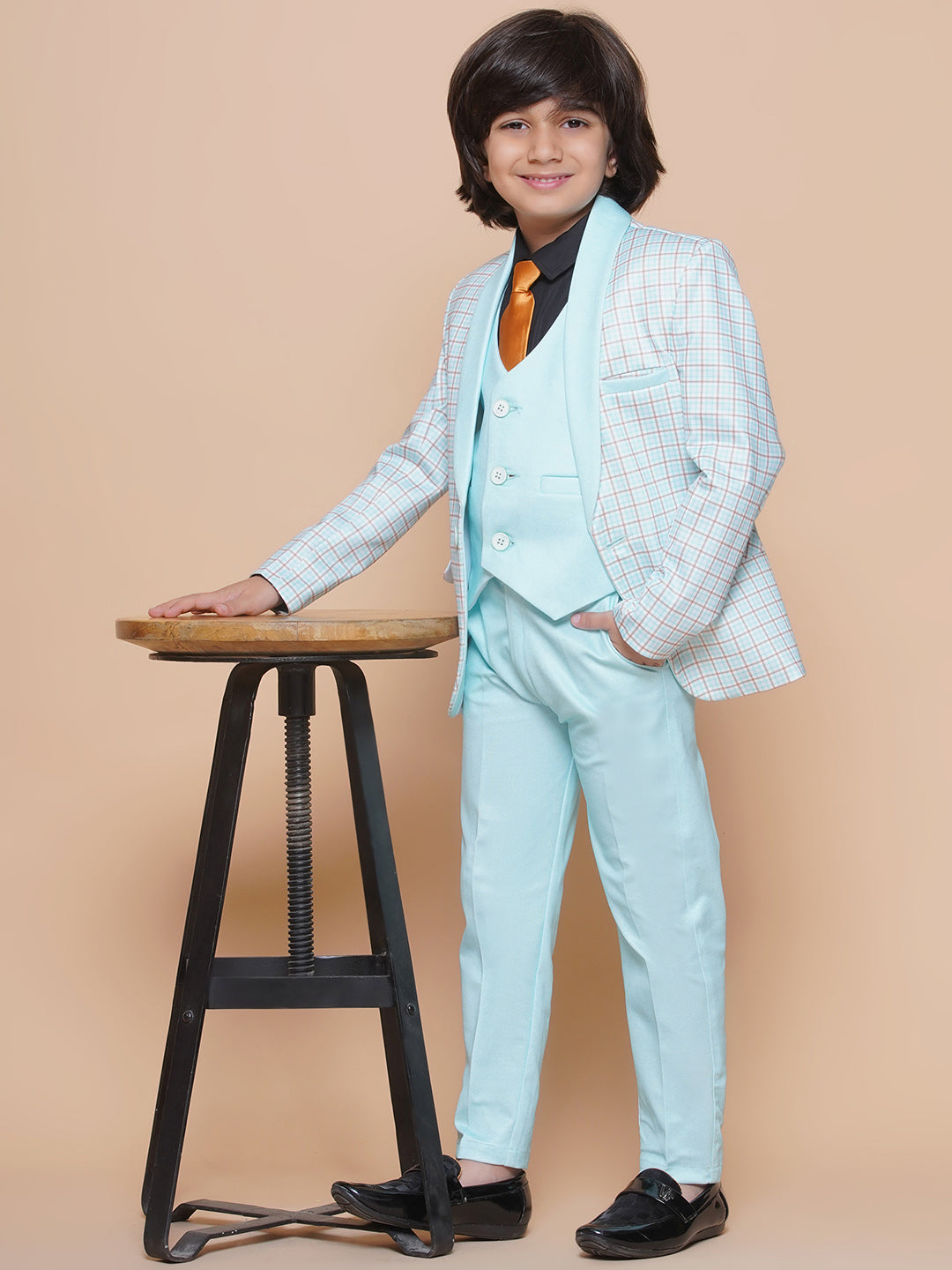Boys Kids Check Sky Blue Cotton Blend Suit Set