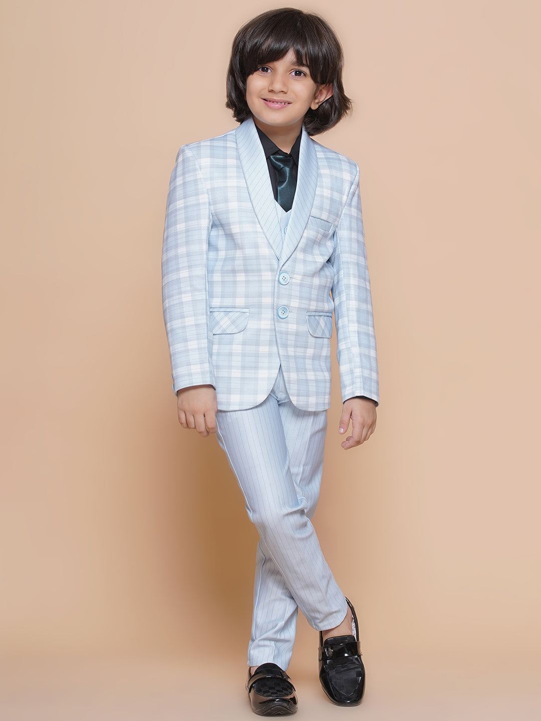 Boys Kids Check Sky Blue Cotton Blend Suit Set - AJ Dezines