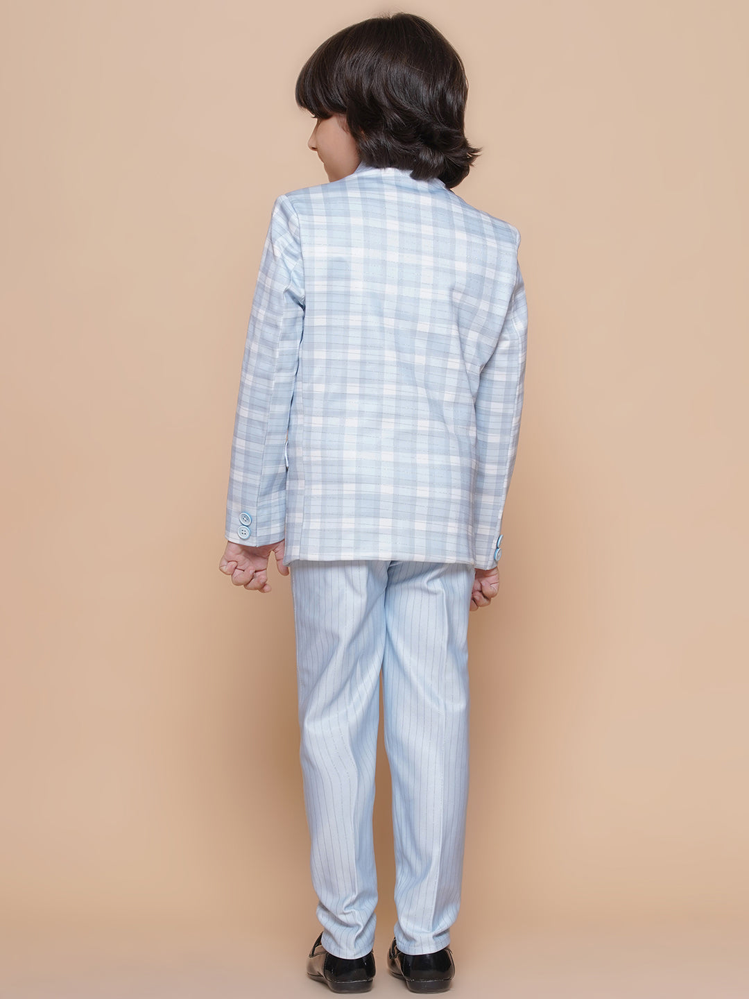 Boys Kids Check Sky Blue Cotton Blend Suit Set - AJ Dezines