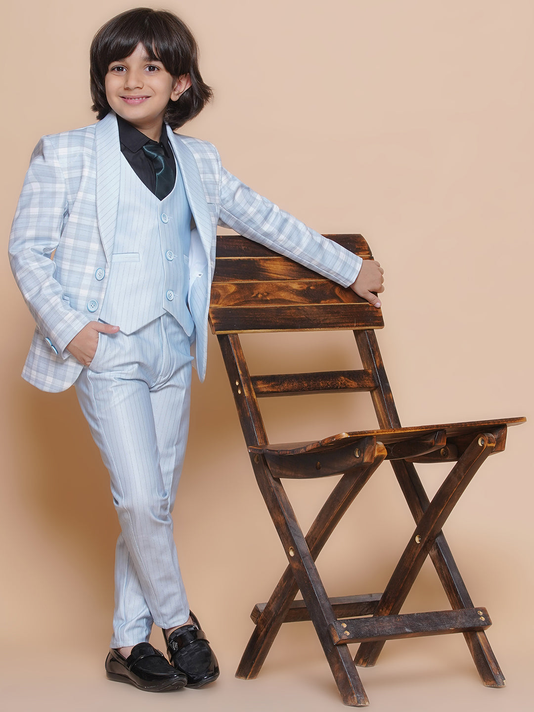 Boys Kids Check Sky Blue Cotton Blend Suit Set - AJ Dezines
