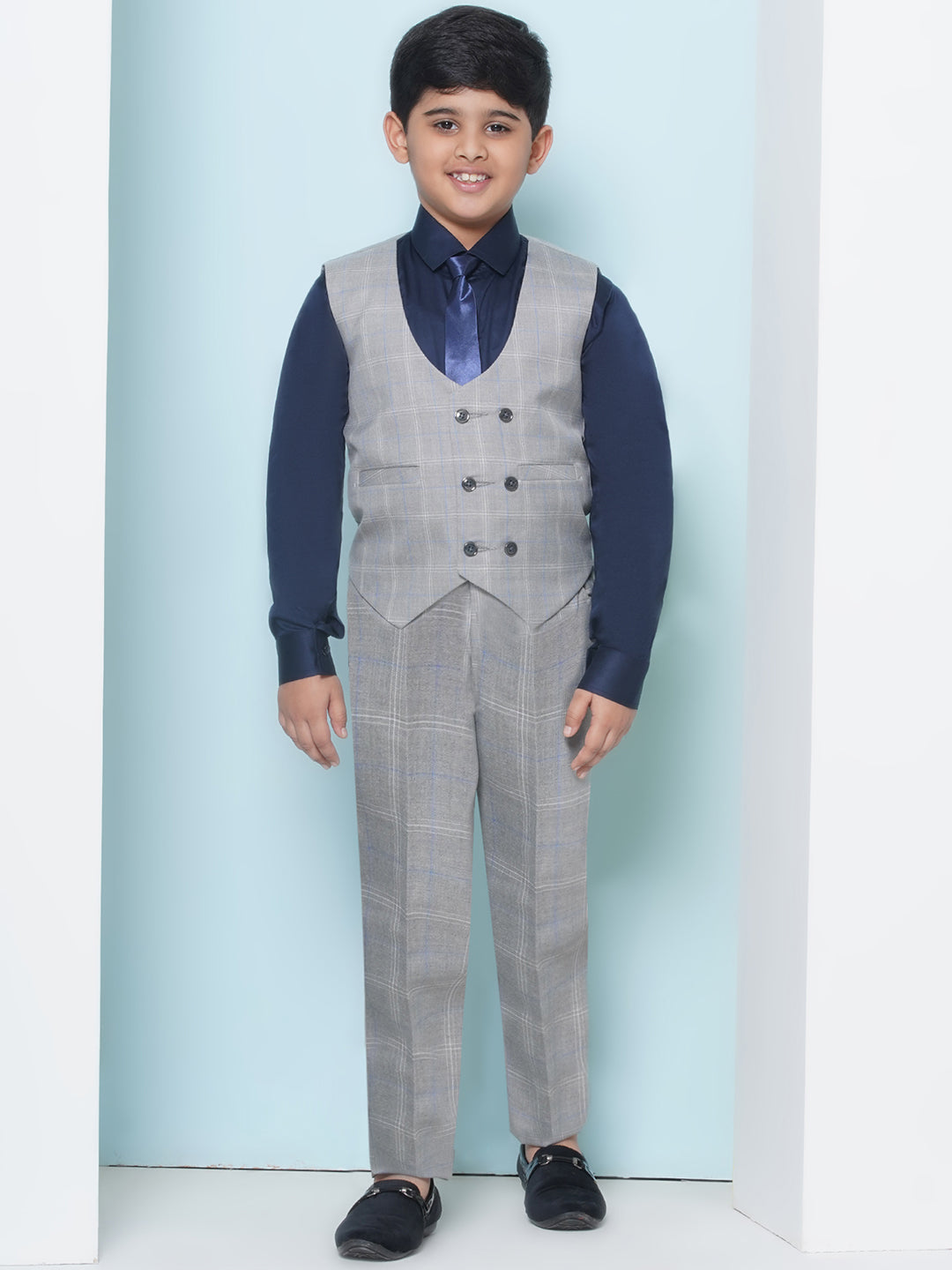 Boys Kids Check Grey Cotton Blend Suit Set