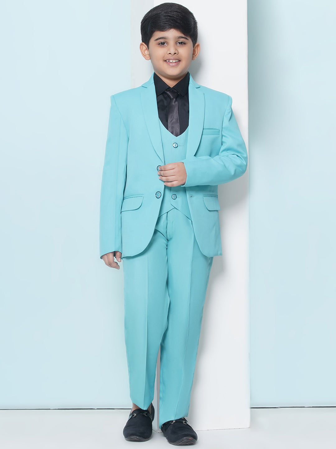 Boys Kids Check Sky Blue Cotton Blend Suit Set