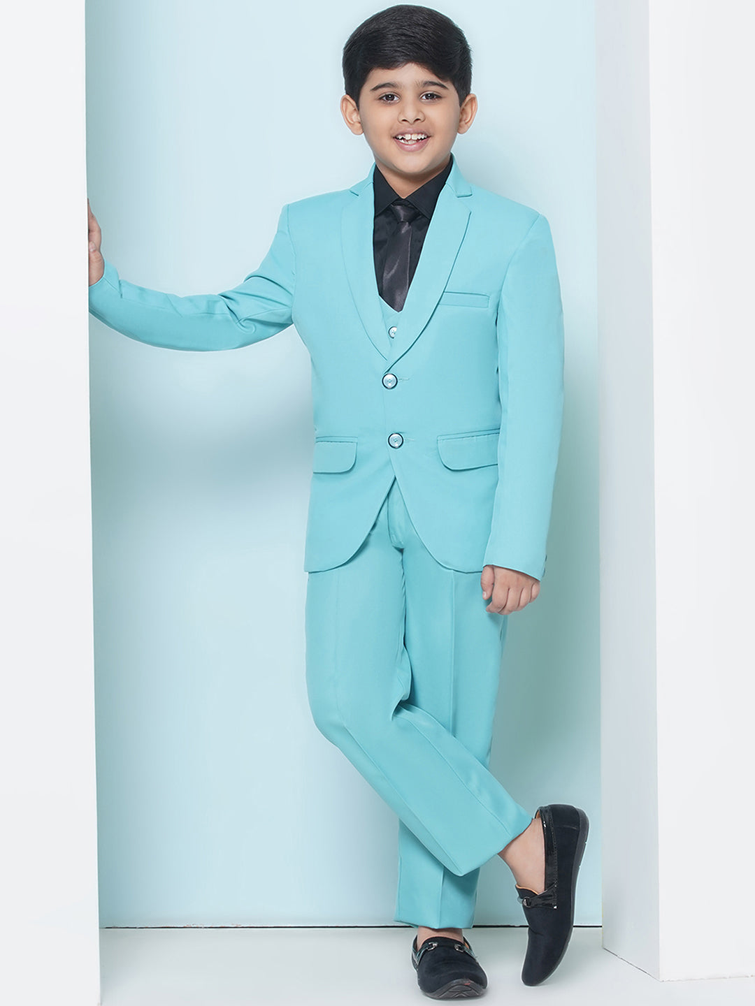 Boys Kids Check Sky Blue Cotton Blend Suit Set