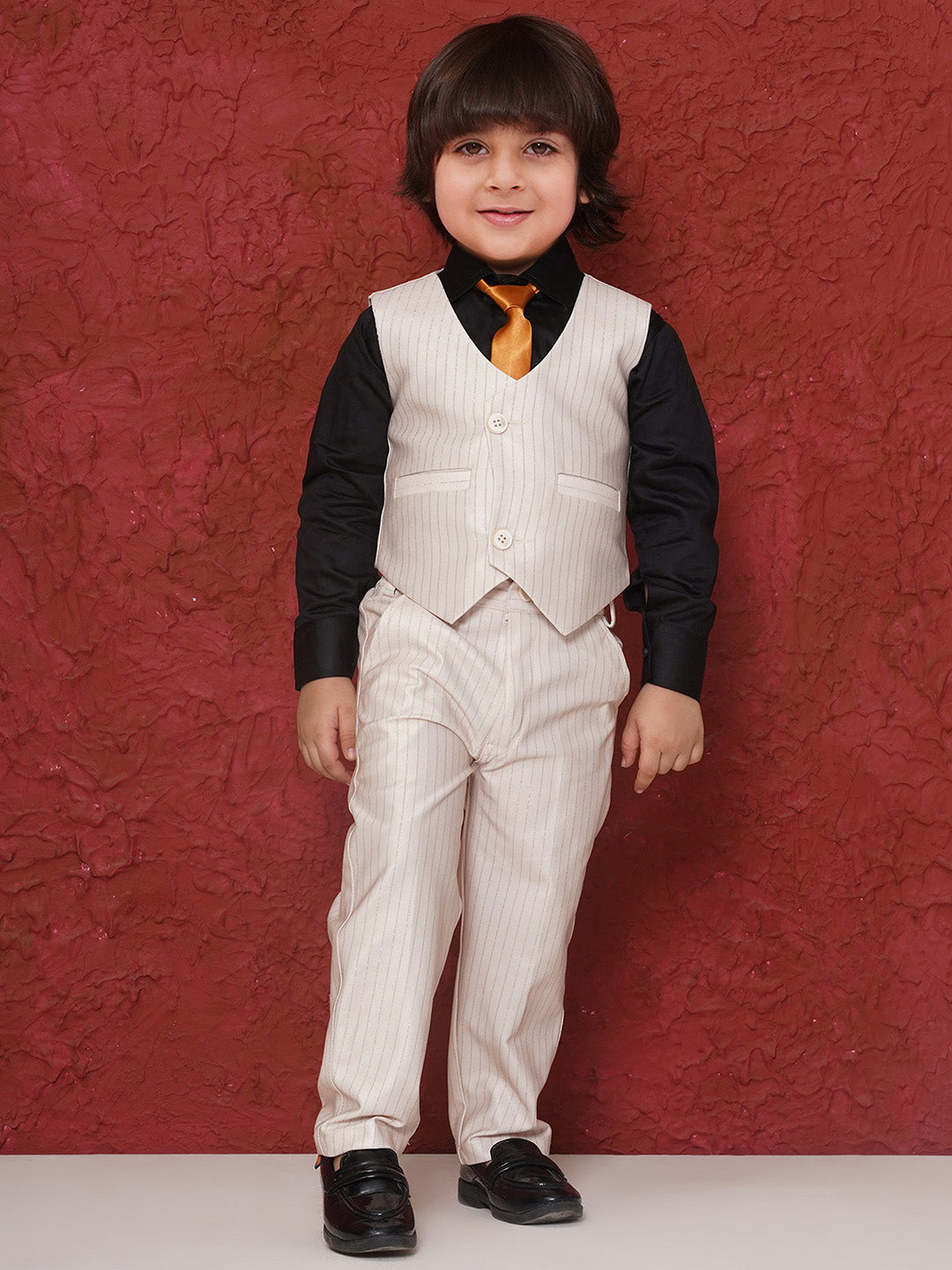 CREAM Cotton Blend Full sleeves Check Pattern Print Coat Suit Set for Boys