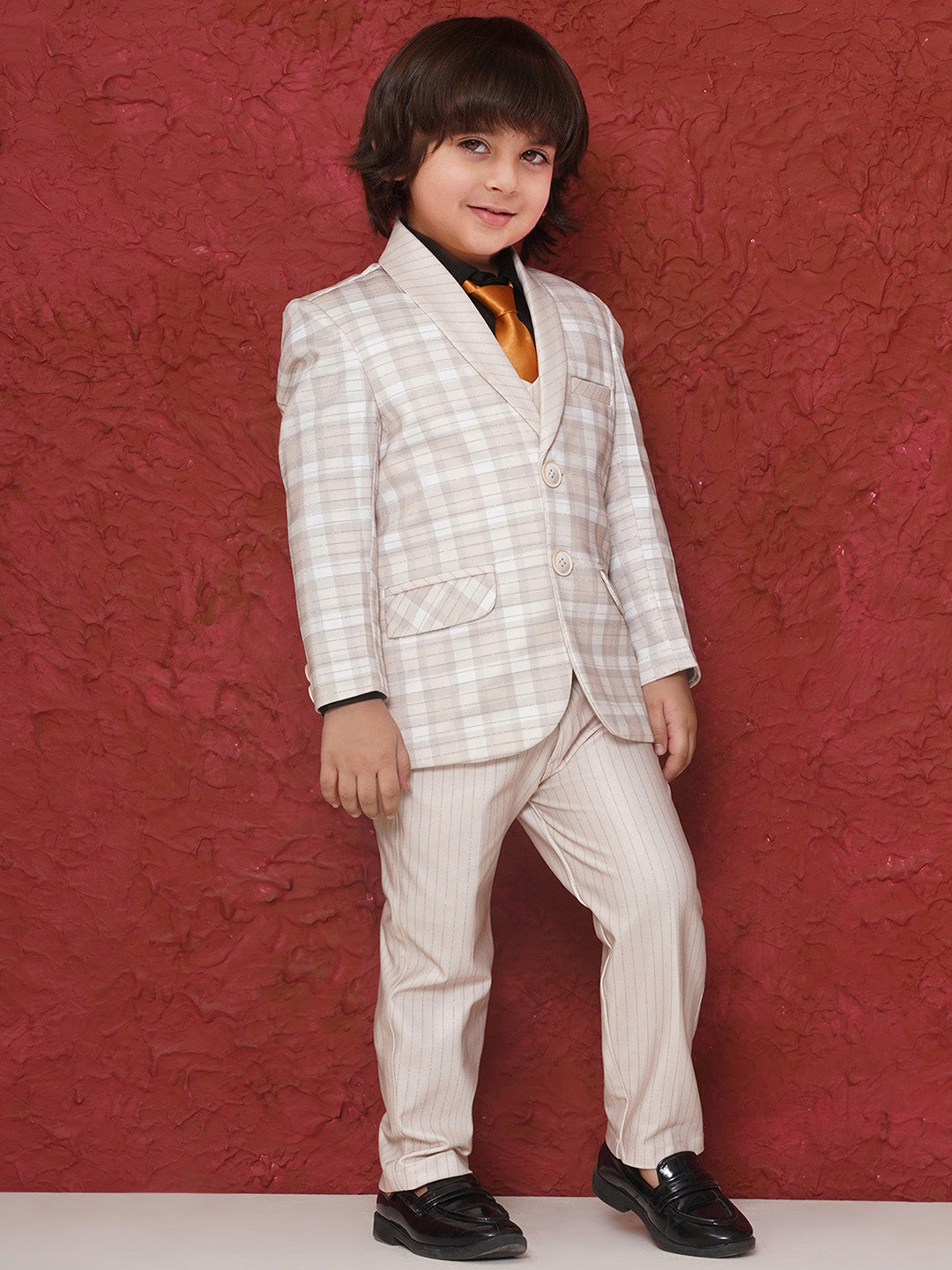 CREAM Cotton Blend Full sleeves Check Pattern Print Coat Suit Set for Boys