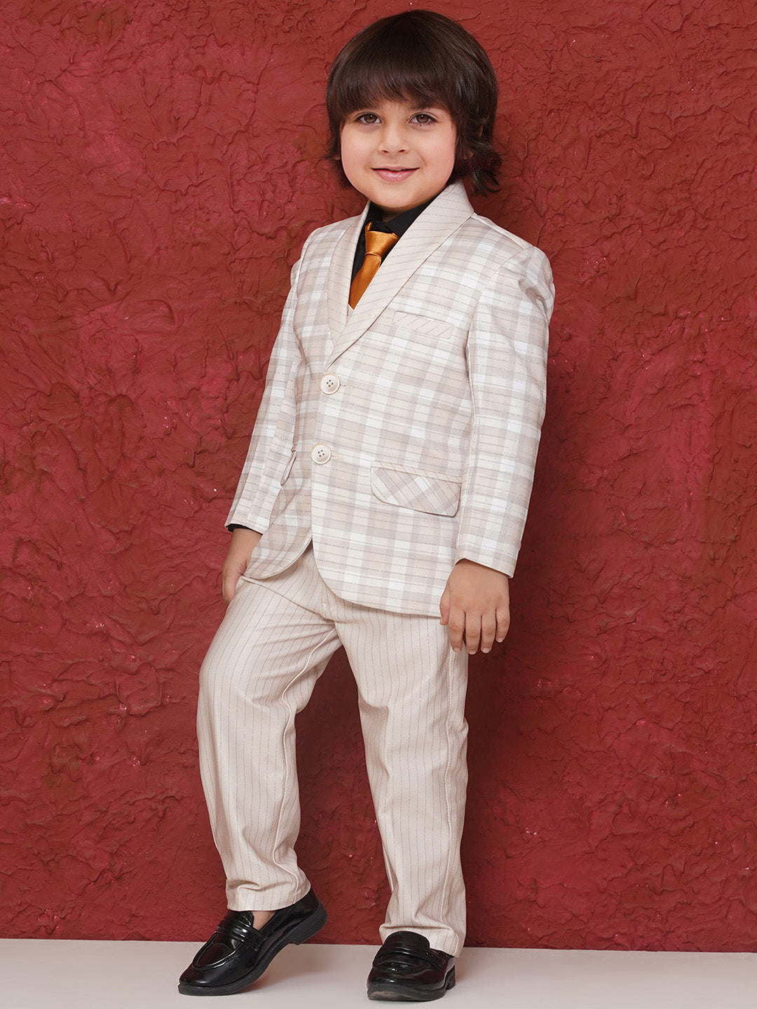 CREAM Cotton Blend Full sleeves Check Pattern Print Coat Suit Set for Boys