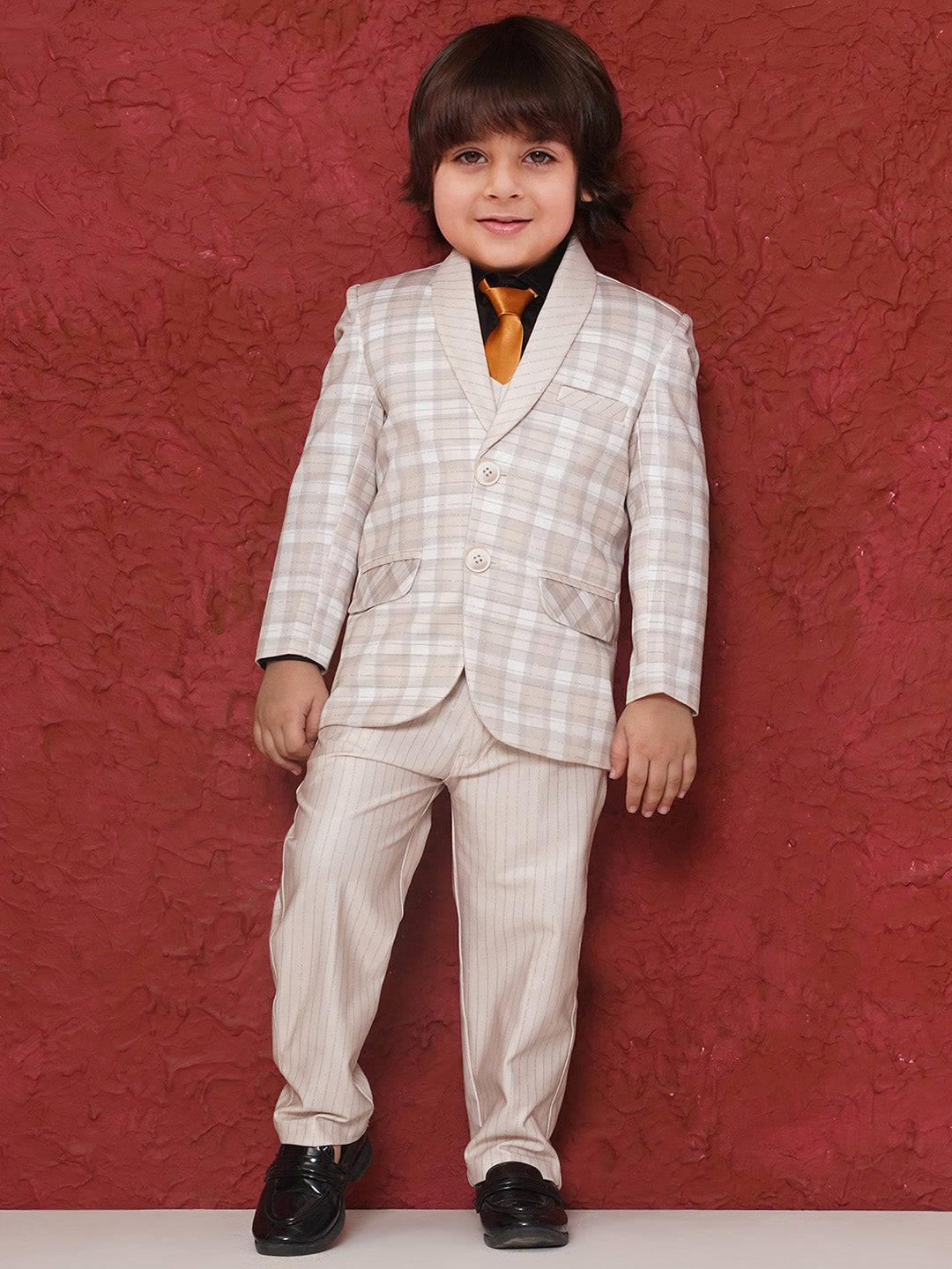 CREAM Cotton Blend Full sleeves Check Pattern Print Coat Suit Set for Boys