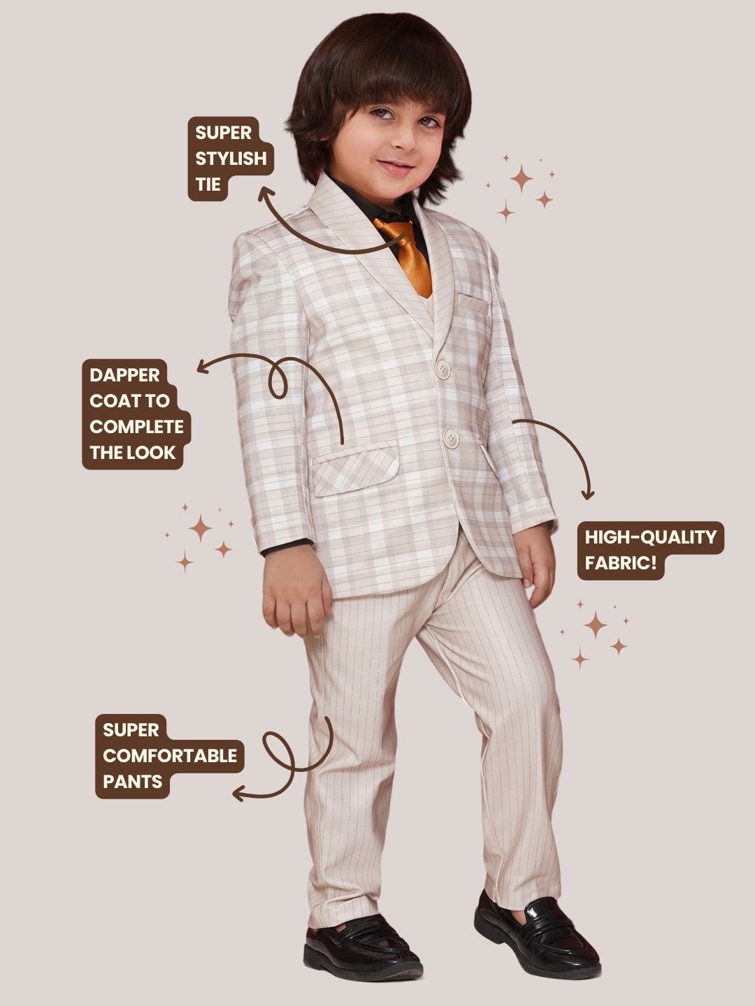 CREAM Cotton Blend Full sleeves Check Pattern Print Coat Suit Set for Boys