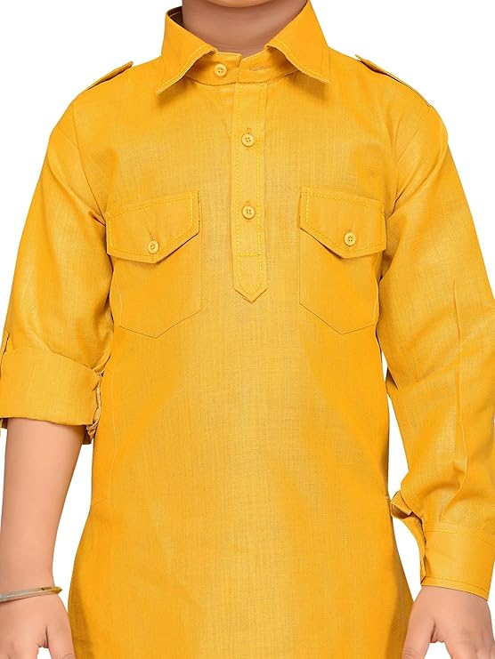 Boys Mustard Solid Cotton Blend Pathani Suit Set for Kids