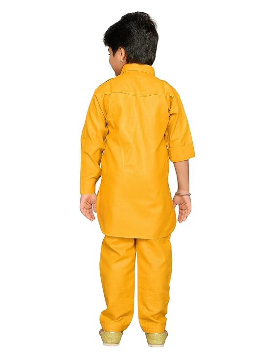 Boys Mustard Solid Cotton Blend Pathani Suit Set for Kids