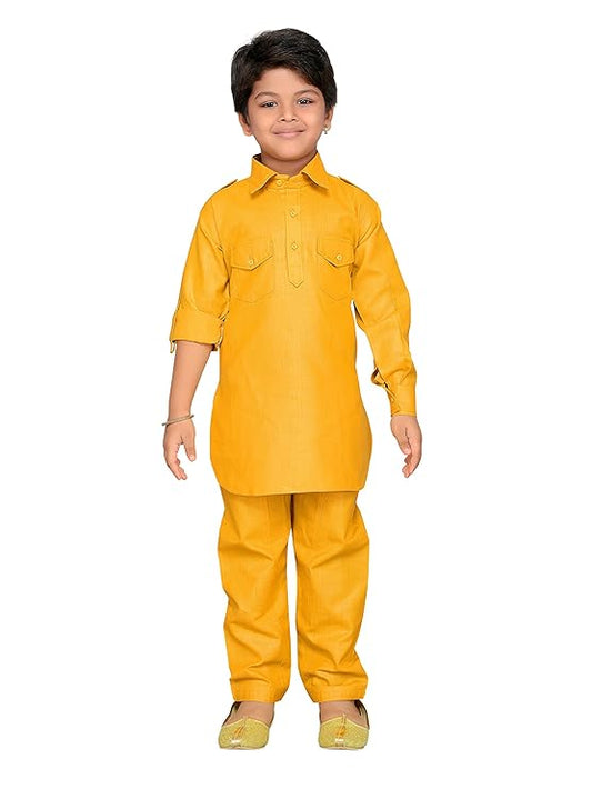 Boys Mustard Solid Cotton Blend Pathani Suit Set for Kids