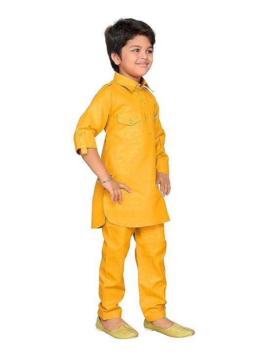 Boys Mustard Solid Cotton Blend Pathani Suit Set for Kids