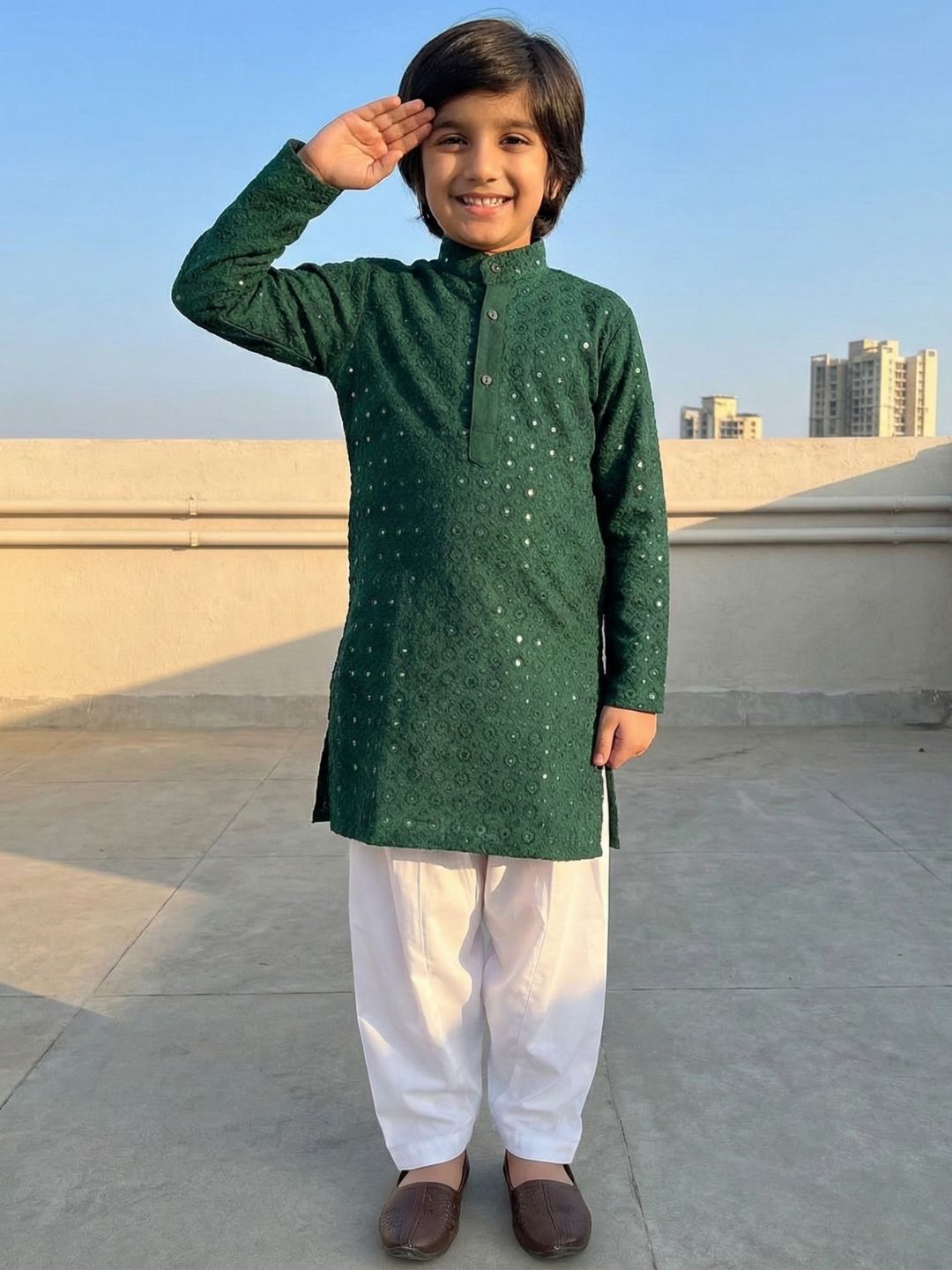Kids Boys Teal Green Embroidered Cotton Kurta Pyjama Set