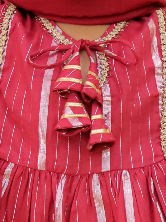 Maroon Cotton Sleeveless Lurex and Gotta Work Girls Suit Set