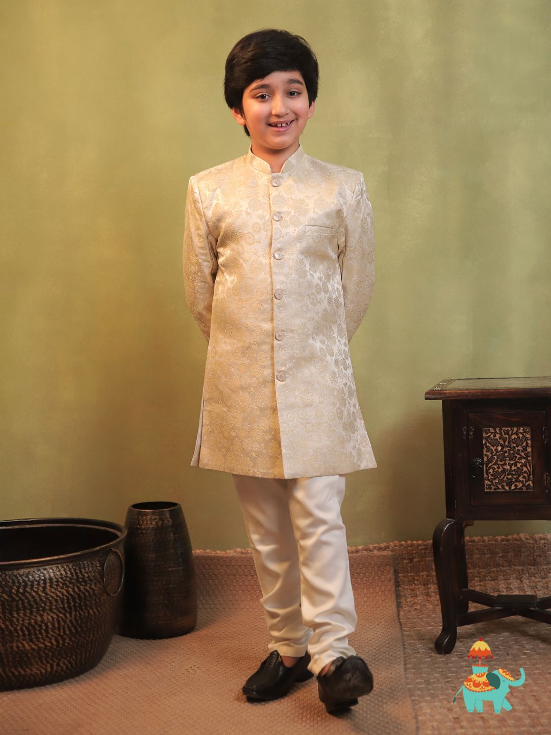 Cream Jacquard Full Sleeves Sherwani with Rich Floral Embroidery for boys