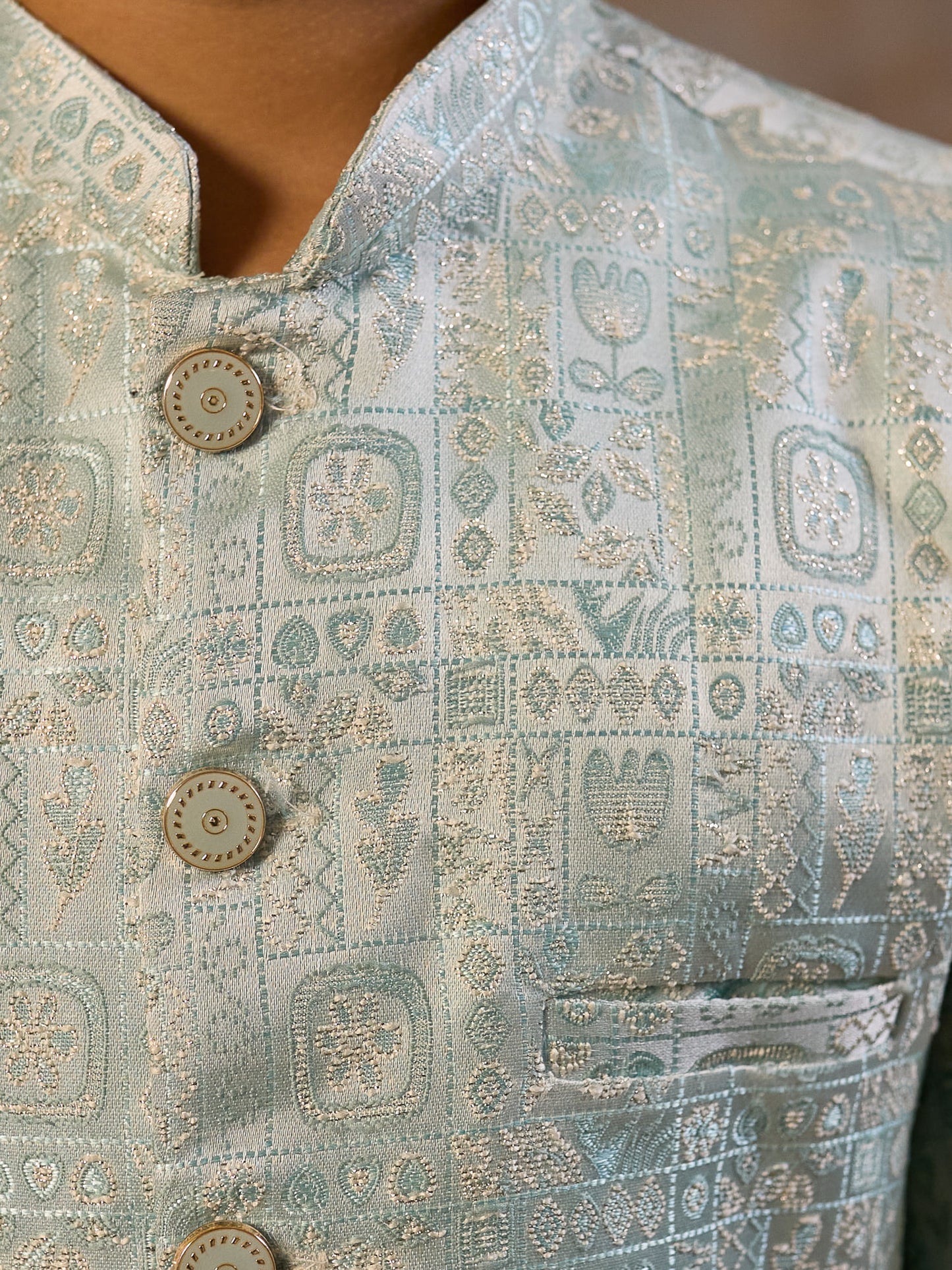 Sky Blue Jacquard Full Sleeves Sherwani with Rich Floral Embroidery for boys