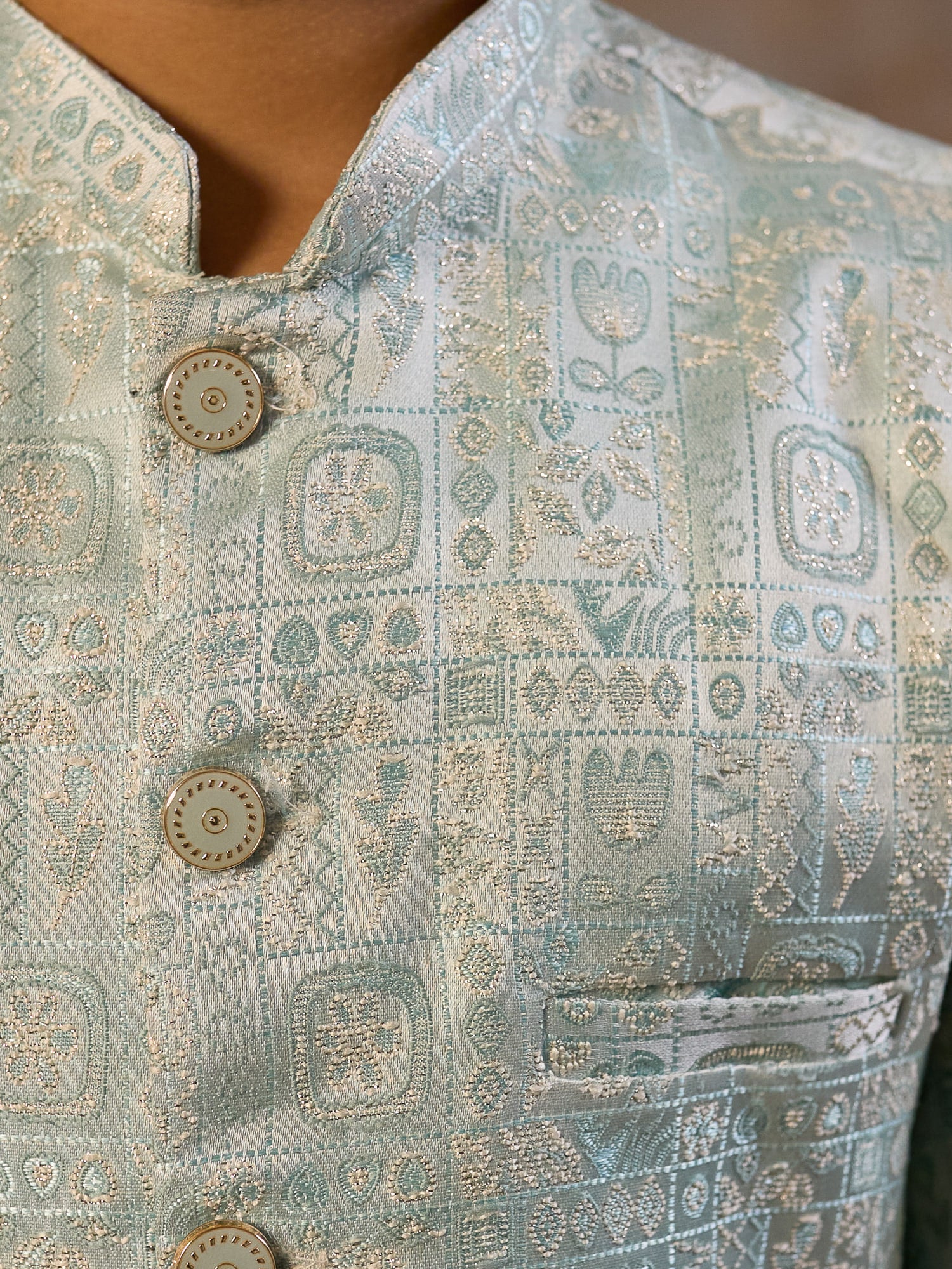 Sky Blue Jacquard Full Sleeves Sherwani with Rich Floral Embroidery for boys