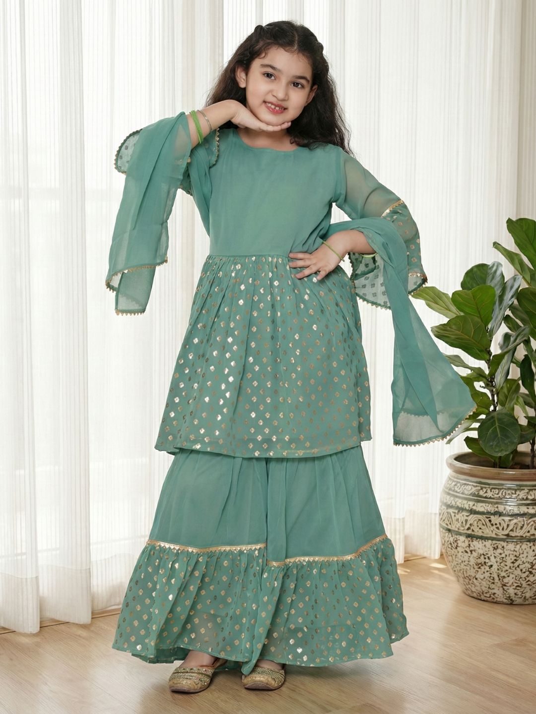 Green Georgette Three-Fourth Sleeves Motif Print Sharara Set For Girls