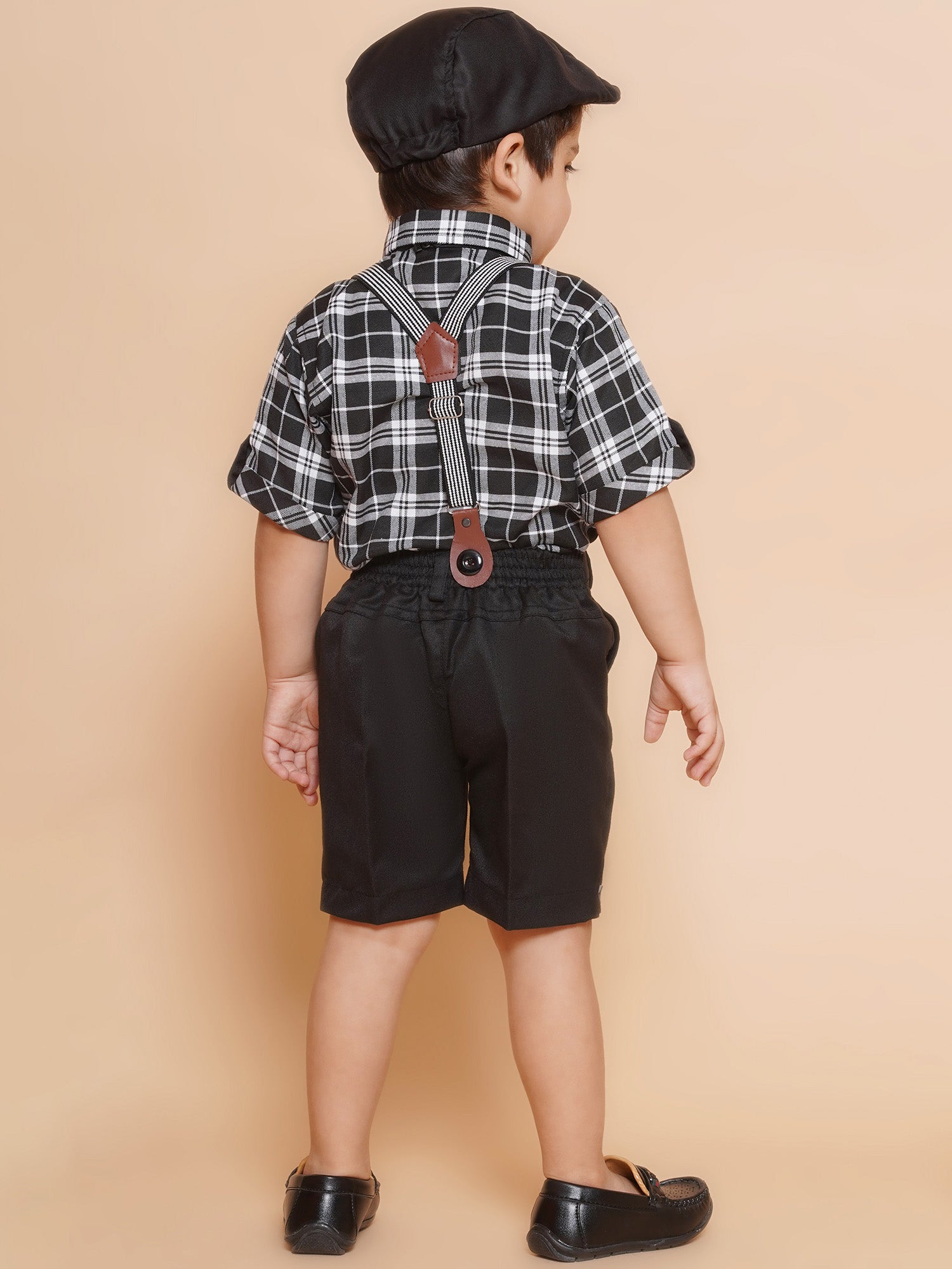 Boys Black Checkered Cotton T-shirt with Cap , Bow & Suspender - AJ Dezines