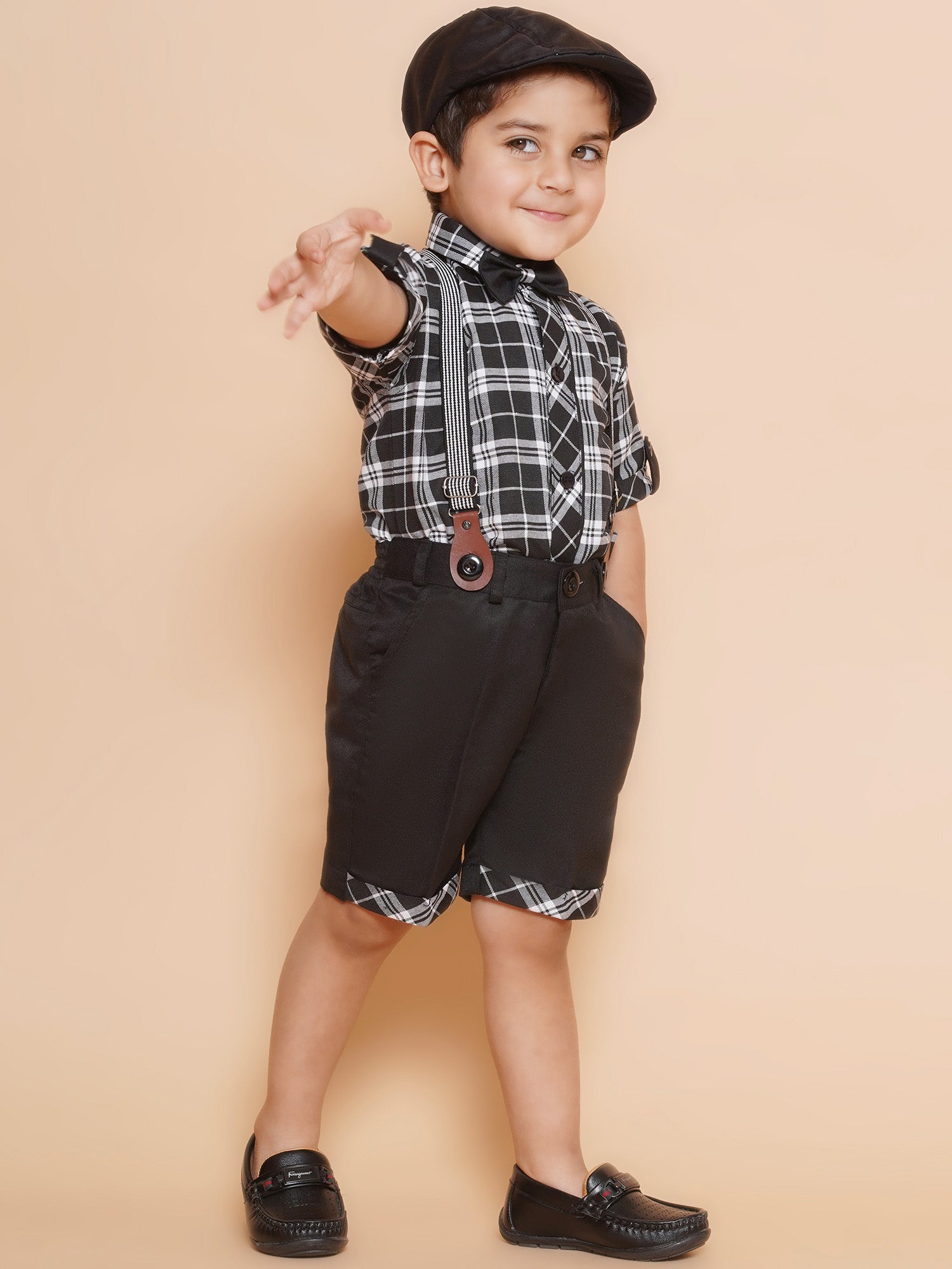 Boys Black Checkered Cotton T-shirt with Cap , Bow & Suspender - AJ Dezines