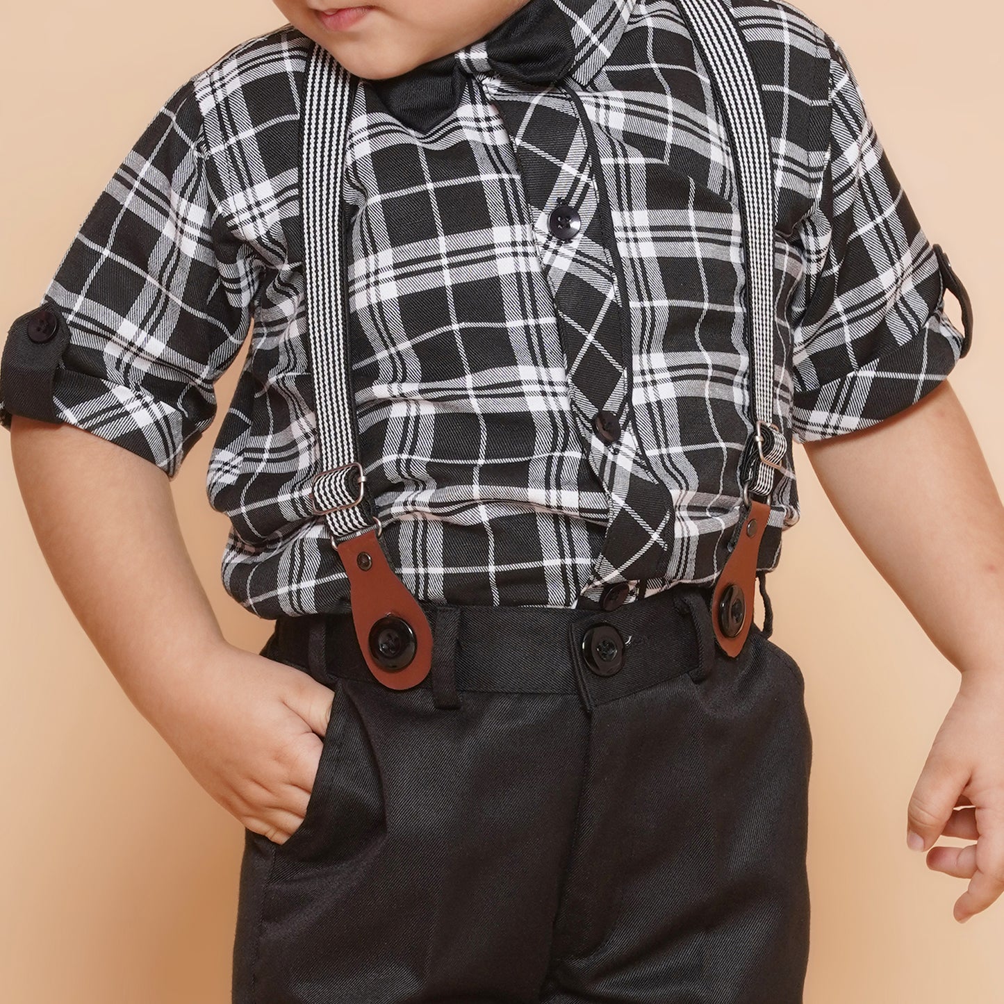 Boys Black Cotton Blend Checkered Collar Neck Kids Clothing Set