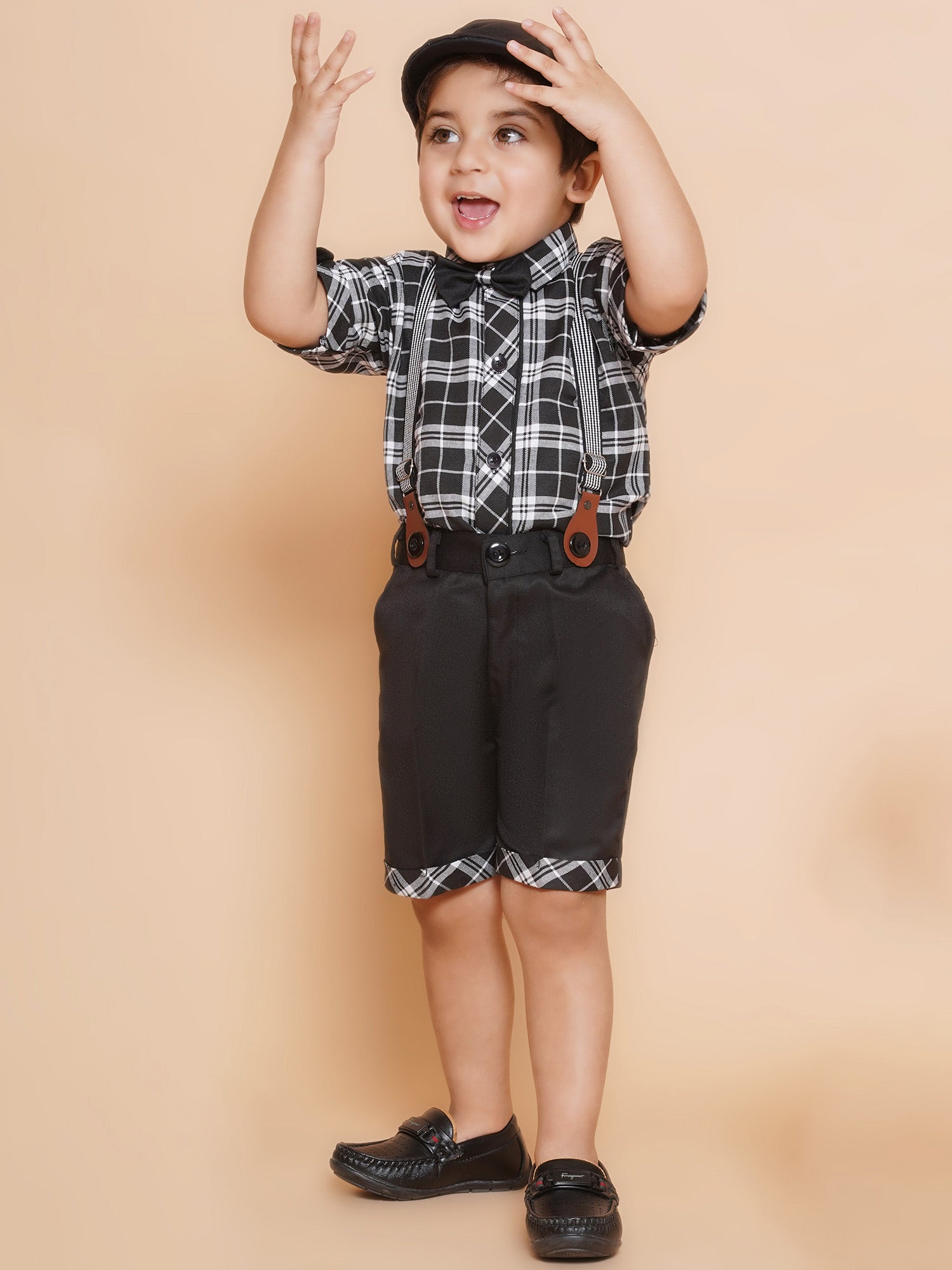 Boys Black Checkered Cotton T-shirt with Cap , Bow & Suspender - AJ Dezines