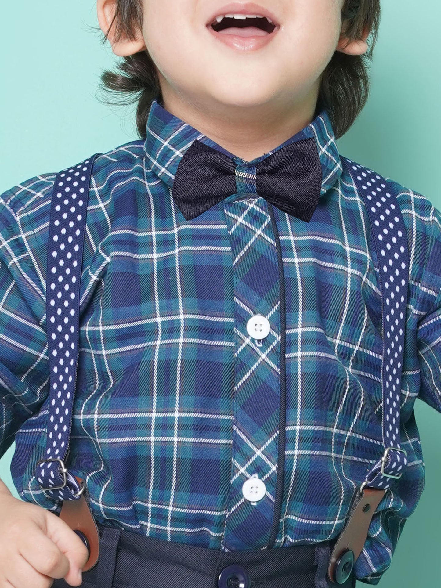 Boys Blue Cotton Blend Checkered Collar Neck Kids Clothing Set