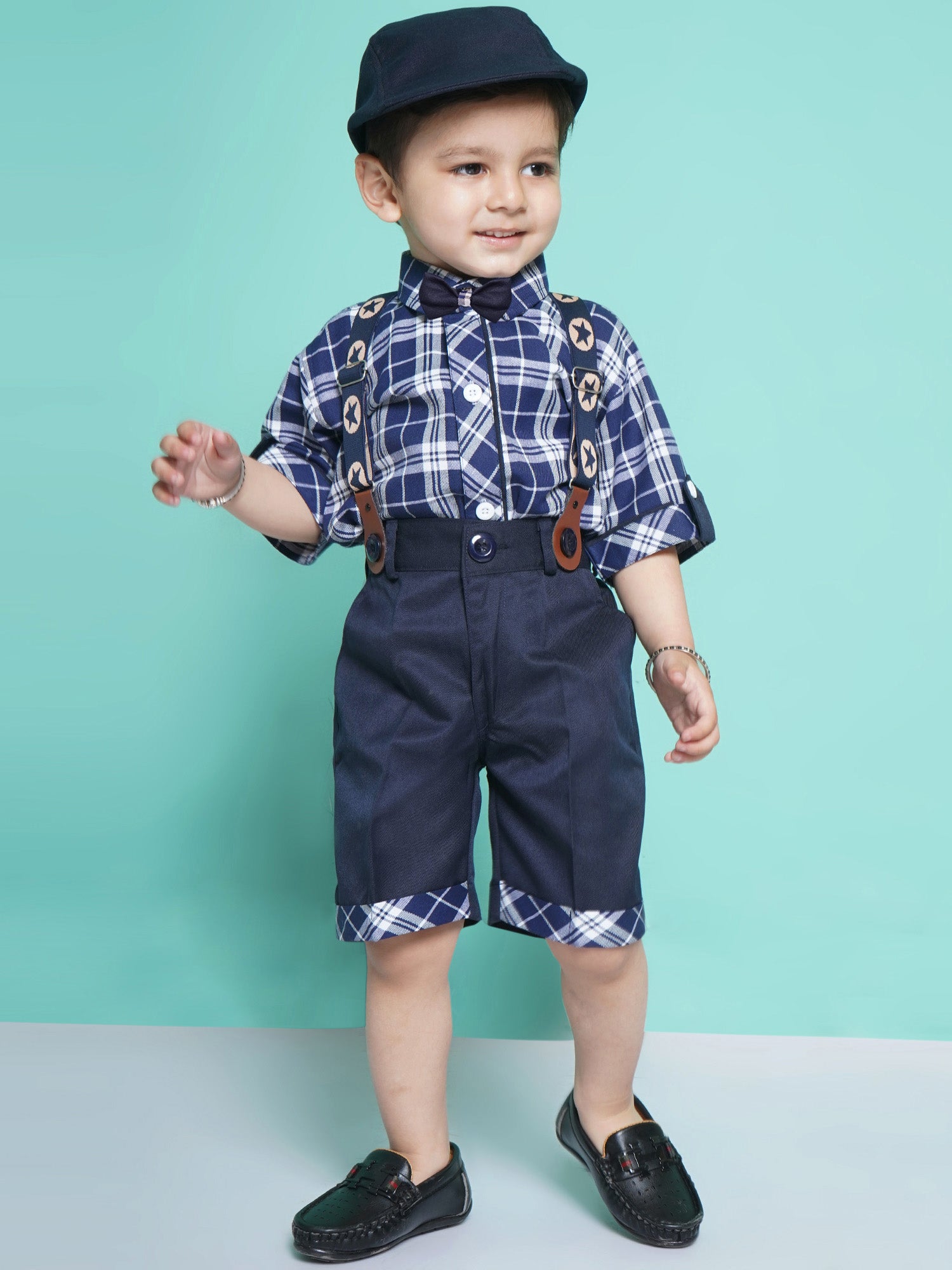 Boys Navy Blue Checkered Cotton Blend T-shirt with Cap, Bow & Suspender
