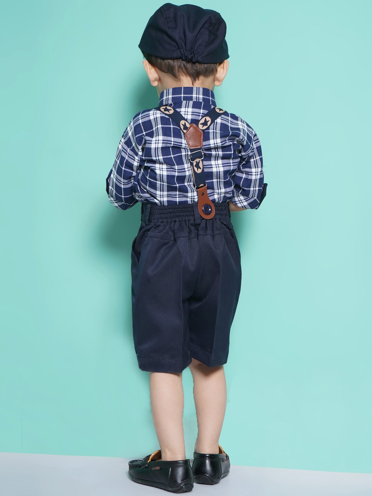 Boys Navy Blue Checkered Cotton Blend T-shirt with Cap, Bow & Suspender