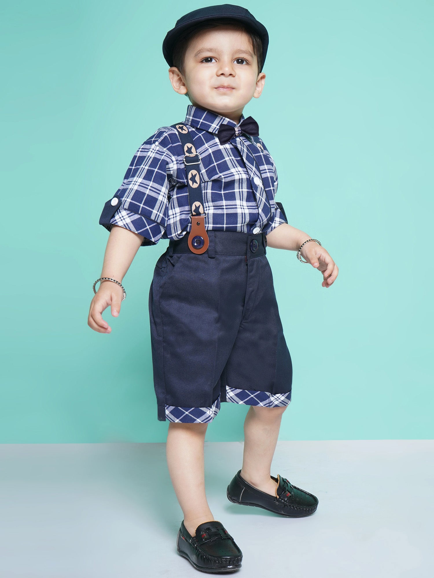 Boys Navy Blue Checkered Cotton Blend T-shirt with Cap, Bow & Suspender