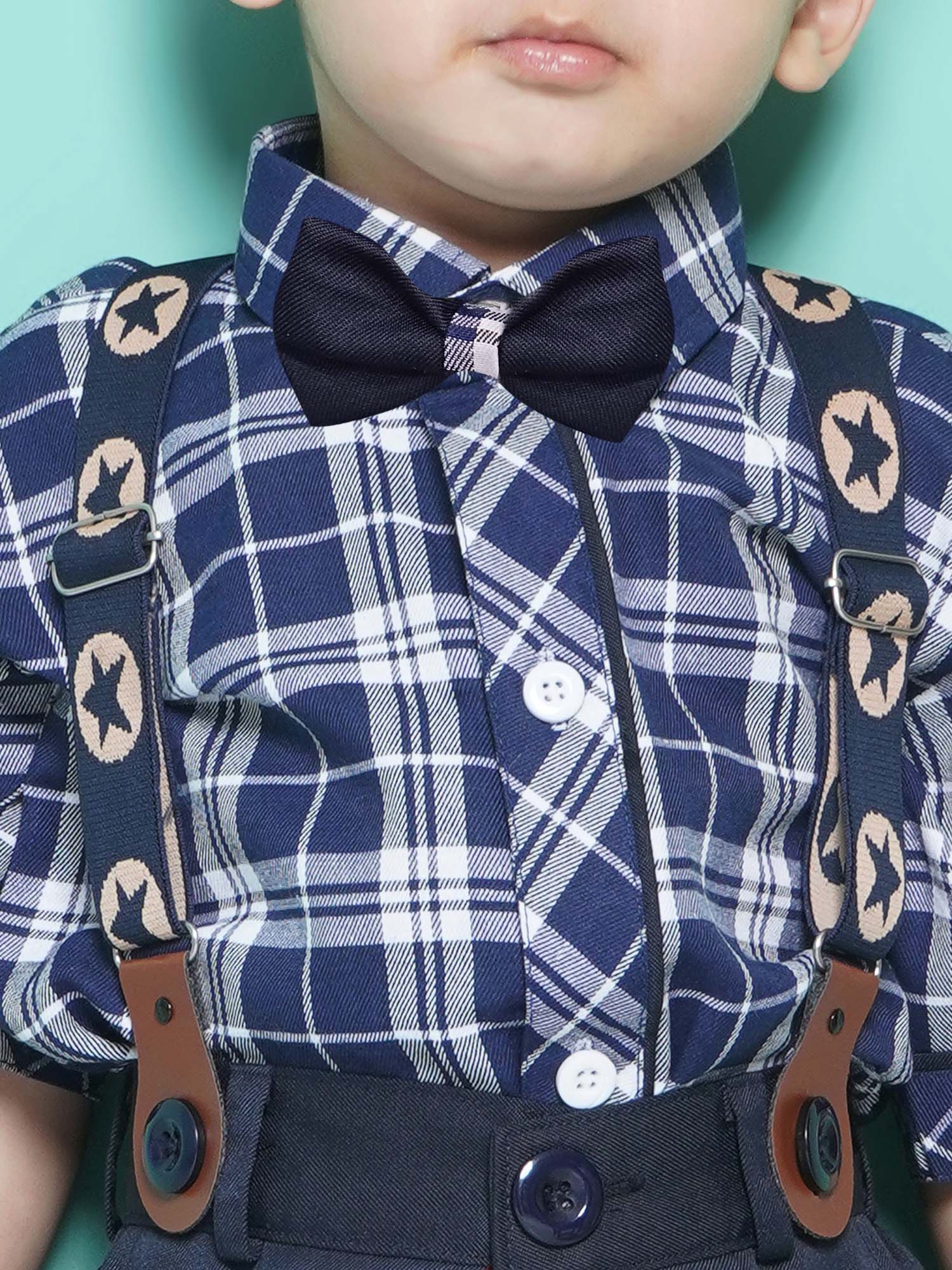 Boys Navy Blue Checkered Cotton Blend T-shirt with Cap, Bow & Suspender