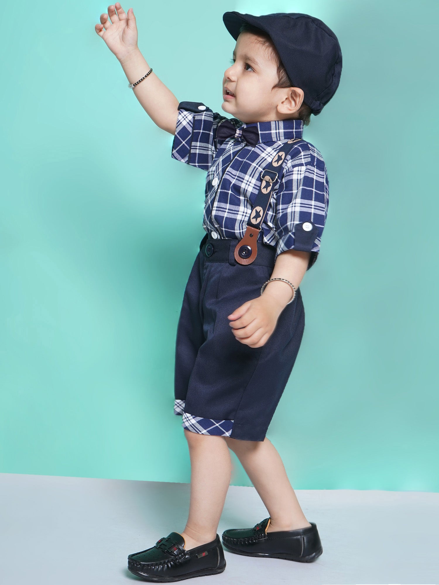 Boys Navy Blue Checkered Cotton Blend T-shirt with Cap, Bow & Suspender