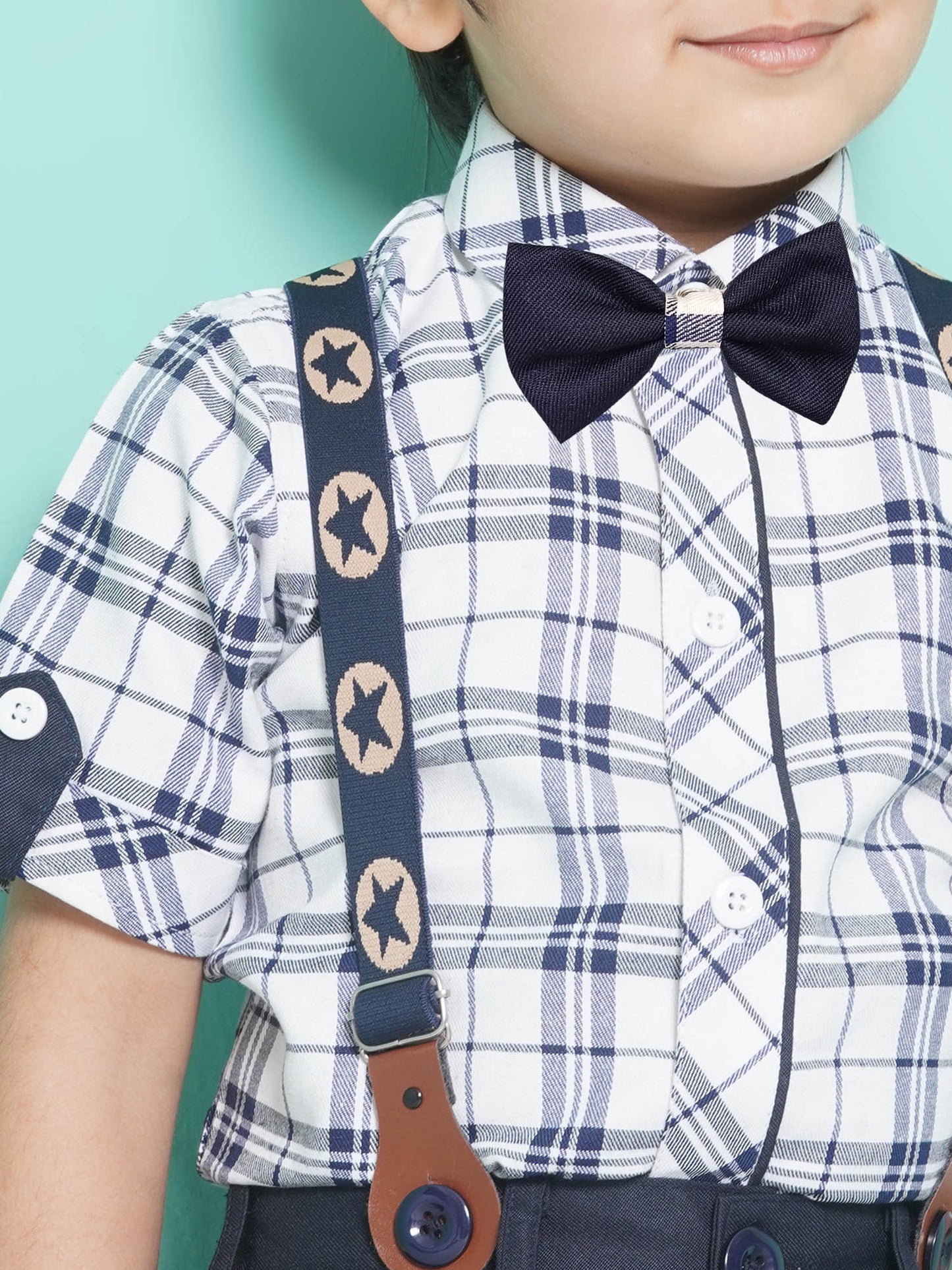 Baby Boys White Cotton Blend Checkered Collar Neck Kids Clothing Set