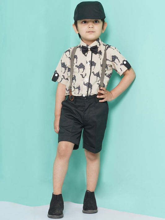 Boys Black Cotton Blend Animal Print Collar Neck Kids Clothing Set