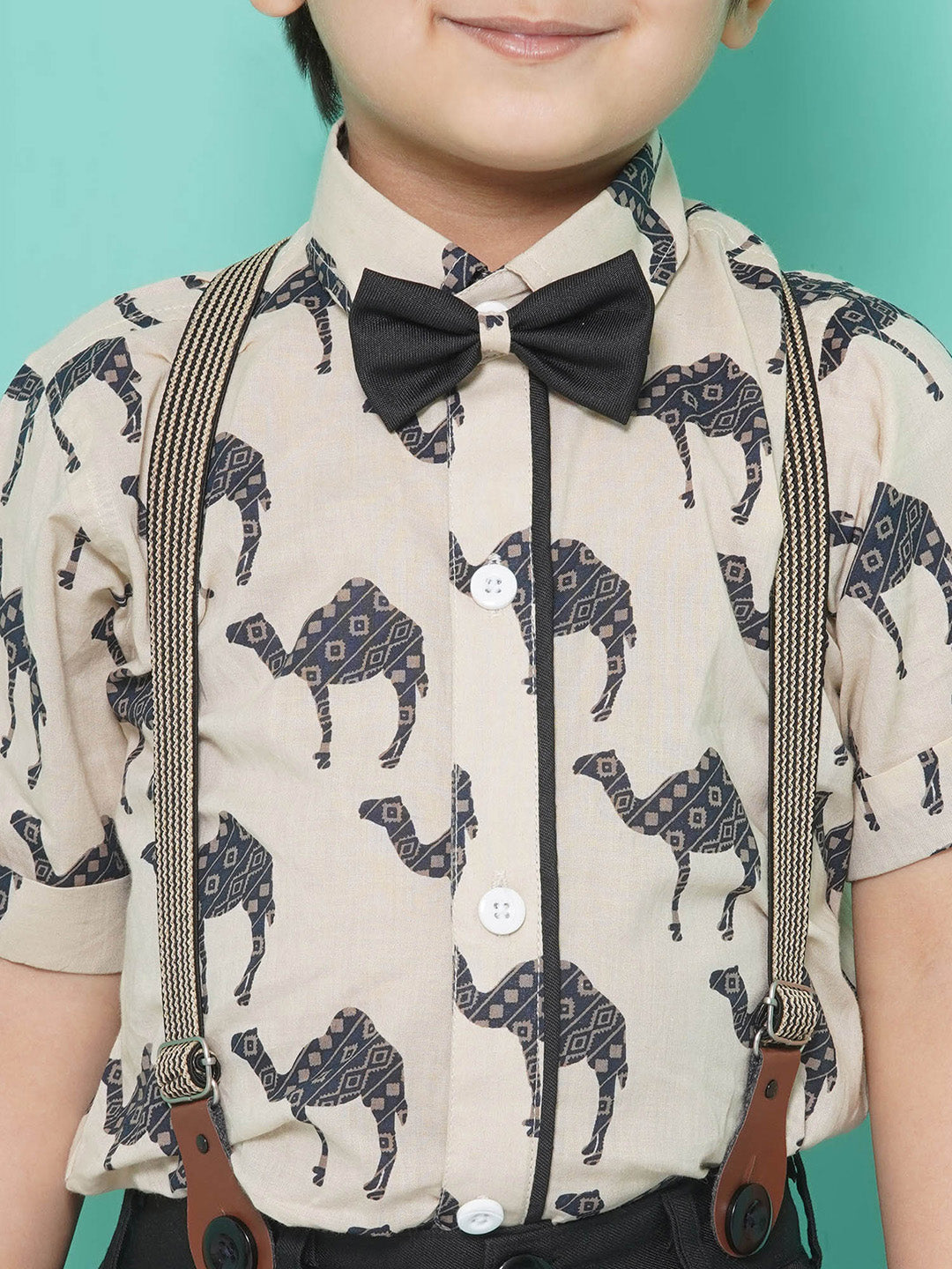 Boys Black Cotton Blend Animal Print Collar Neck Kids Clothing Set