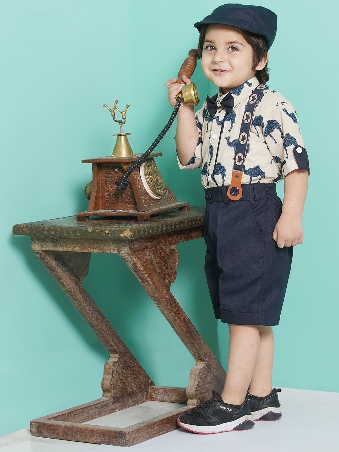 Boys Blue Animal Print Cotton Blend Shirt with cap & suspender for Party Wear