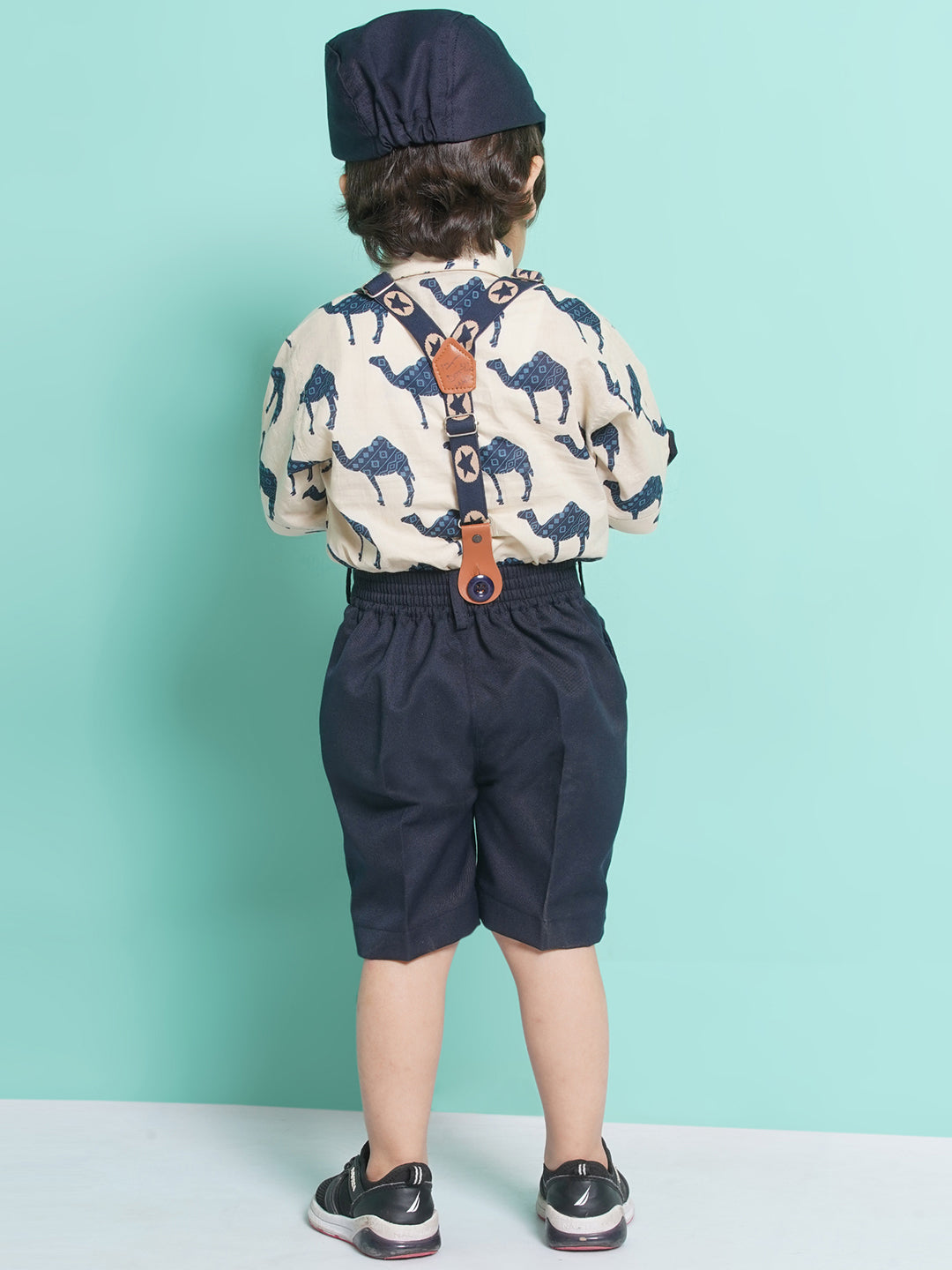 Boys Blue Animal Print Cotton Blend Shirt with cap & suspender for Party Wear