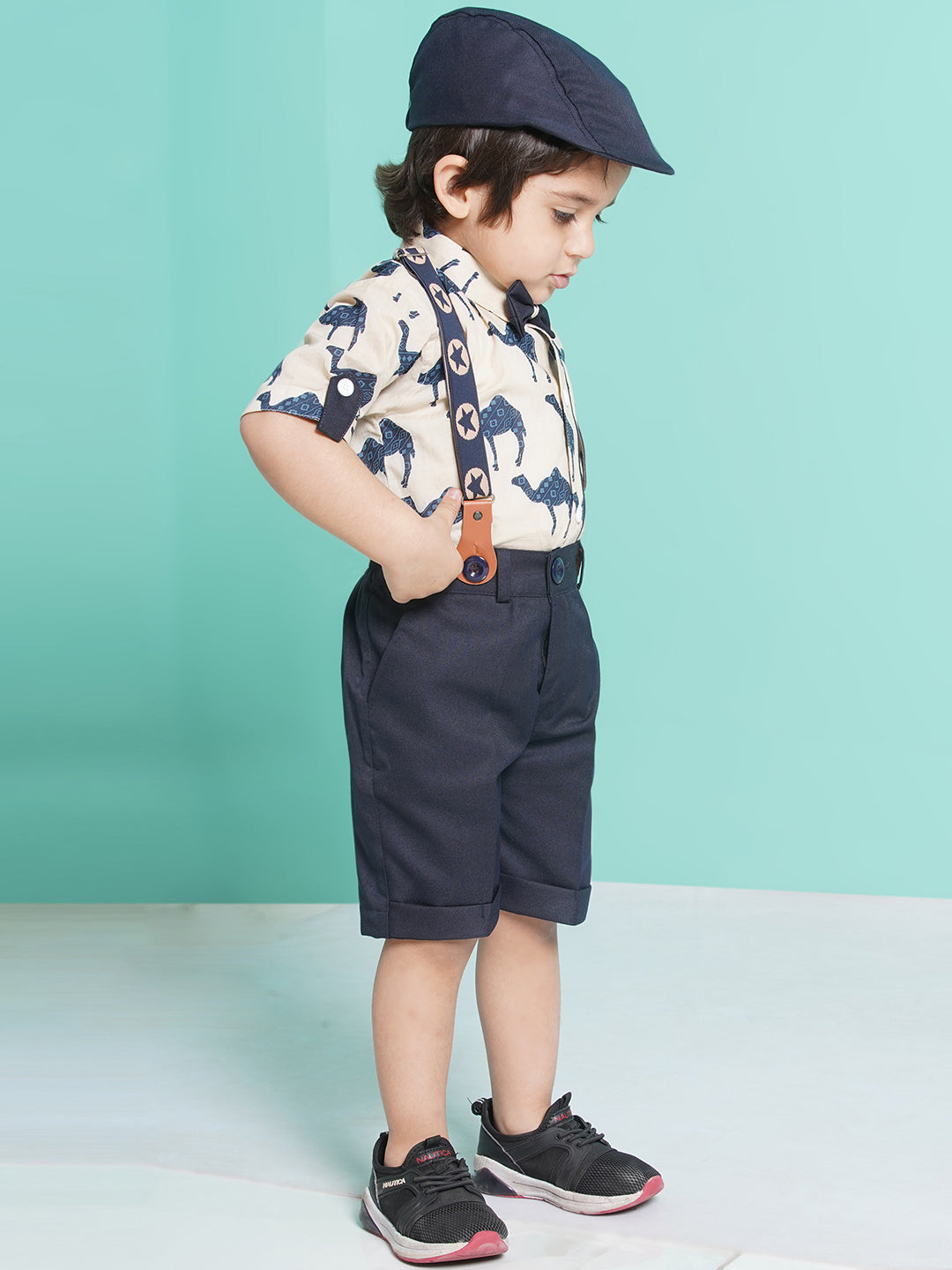 Boys Blue Animal Print Cotton Blend Shirt with cap & suspender for Party Wear