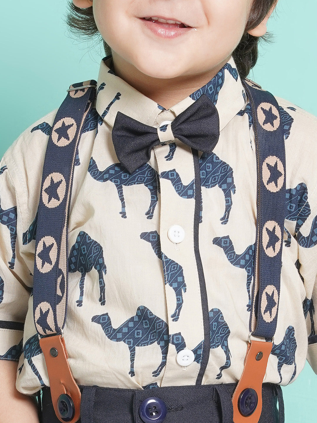 Boys Blue Animal Print Cotton Blend Shirt with cap & suspender for Party Wear