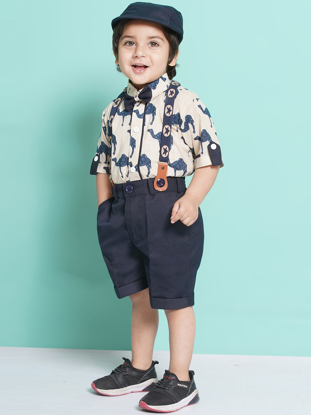 Boys Blue Animal Print Cotton Blend Shirt with cap & suspender for Party Wear