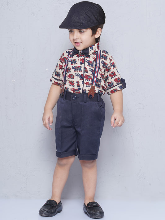 Beige Kids Cotton Blend Animal Print Shirt Shorts With Suspender Set For Boys