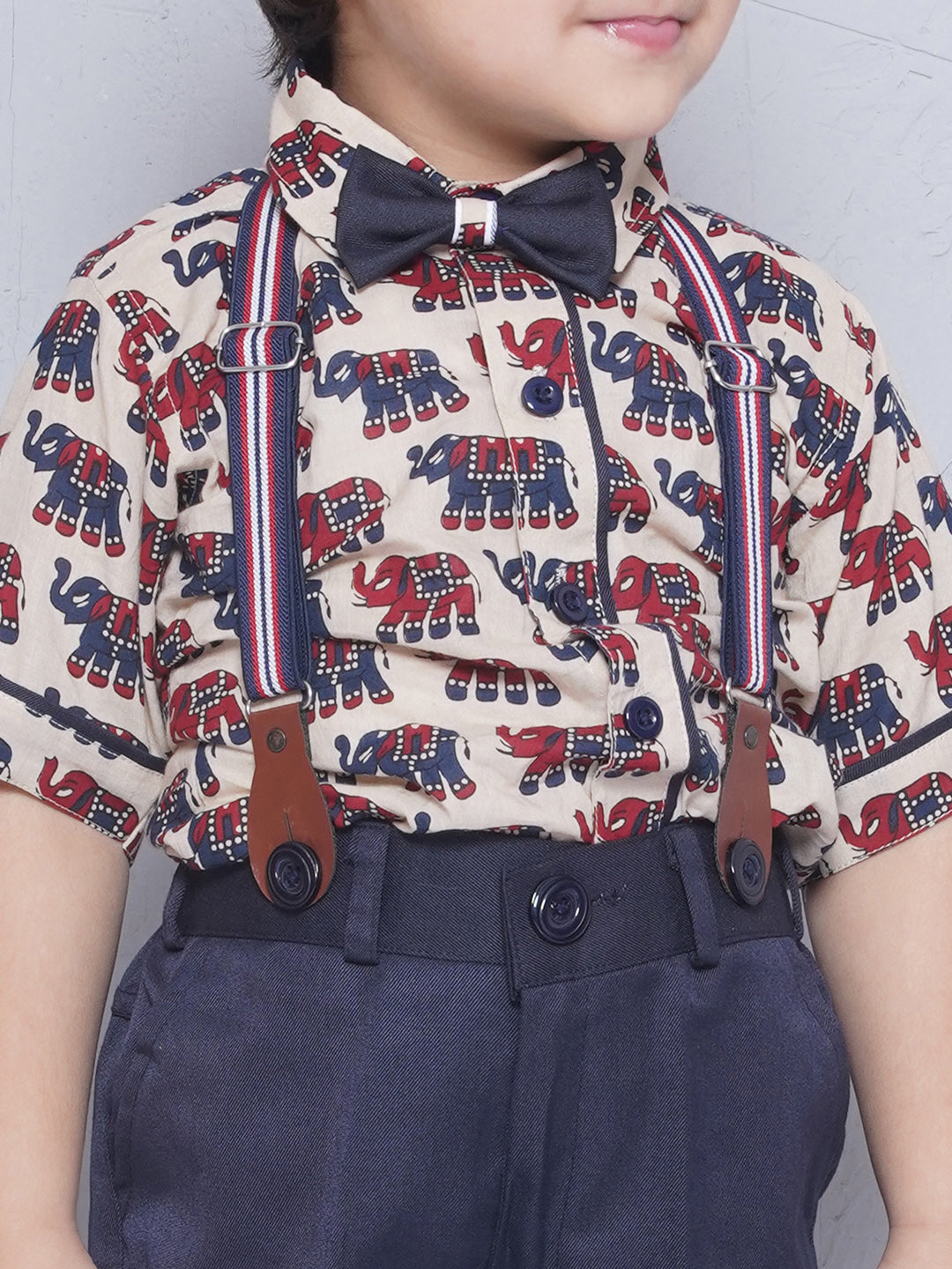 Beige Kids Cotton Blend Animal Print Shirt Shorts With Suspender Set For Boys