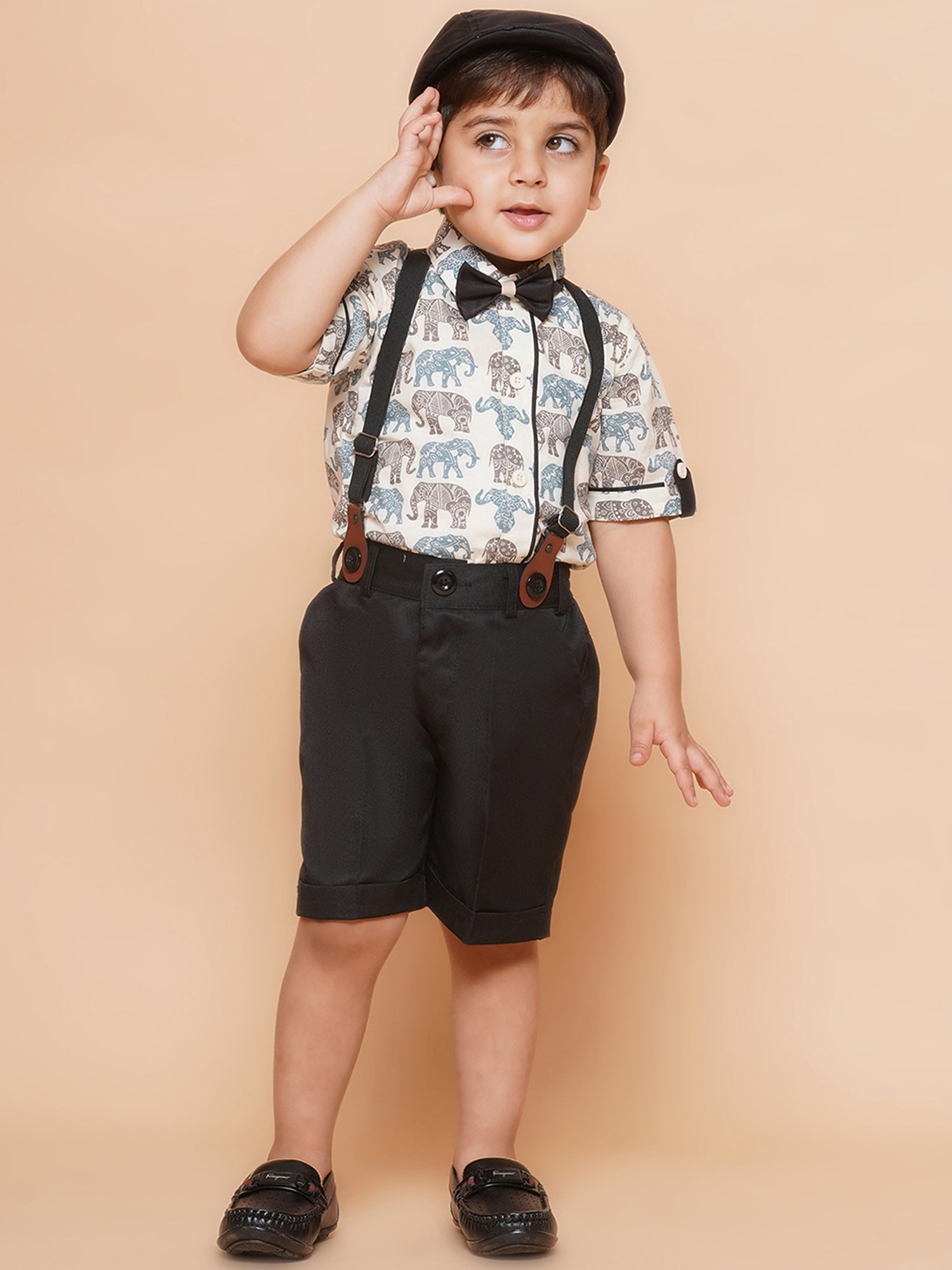Kids Boys Black Animal Print Cotton Blend Dungaree