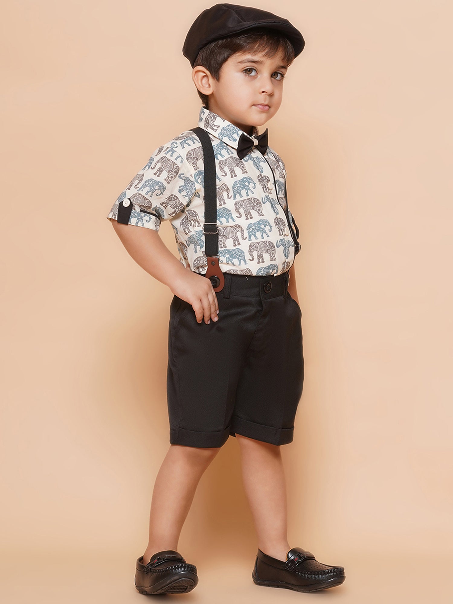 Kids Boys Black Animal Print Cotton Blend Dungaree