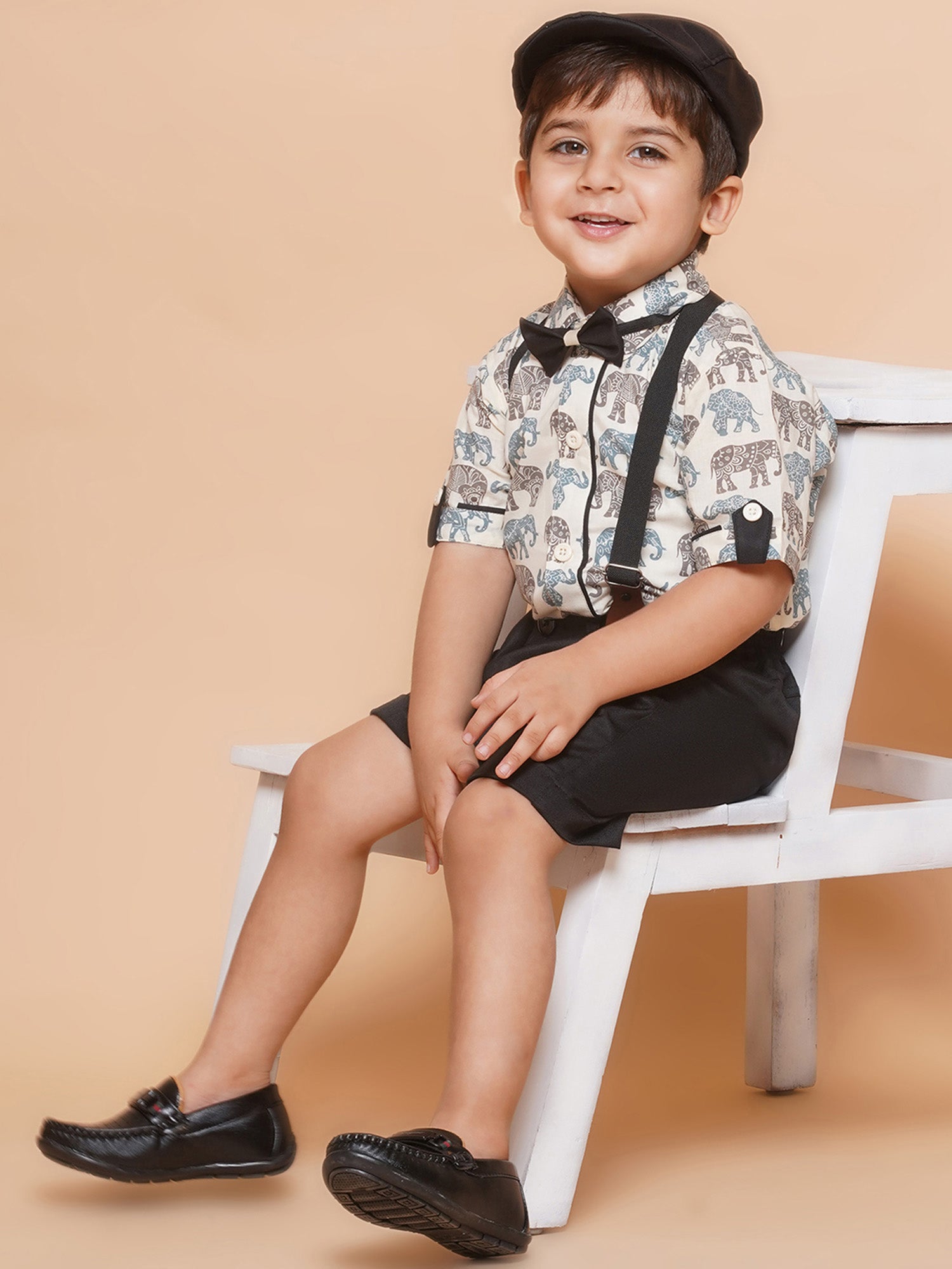 Kids Boys Black Animal Print Cotton Blend Dungaree