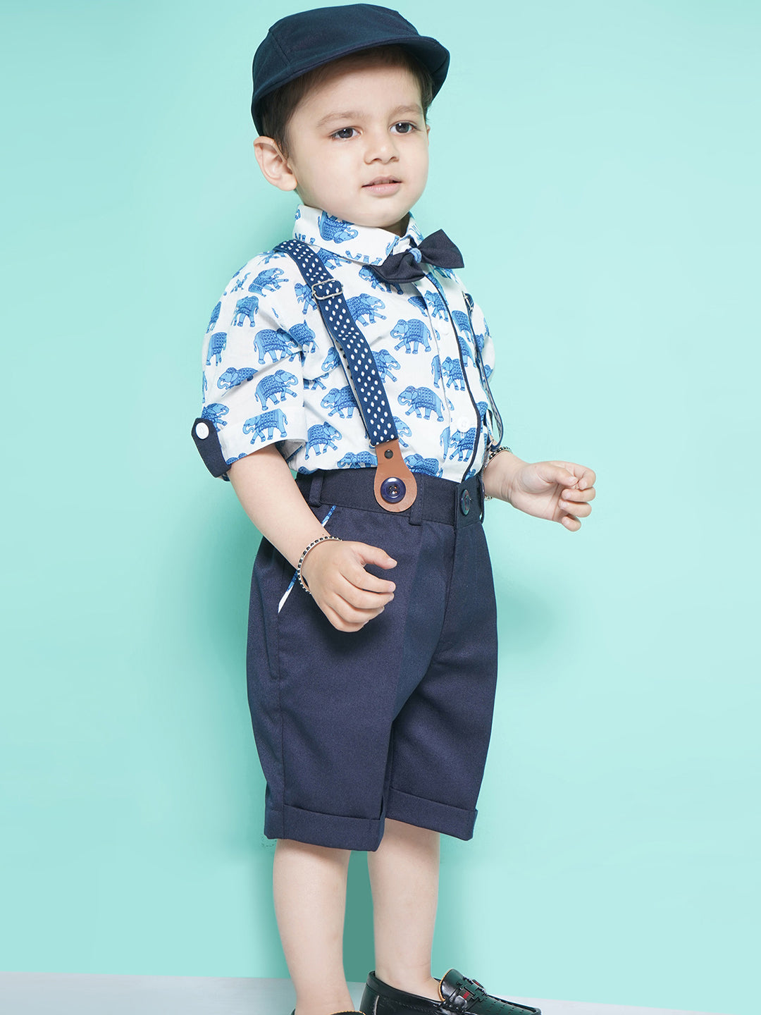 Boys Blue Animal Print Cotton Blend Shirt with Bow , Cap & Suspender - AJ Dezines